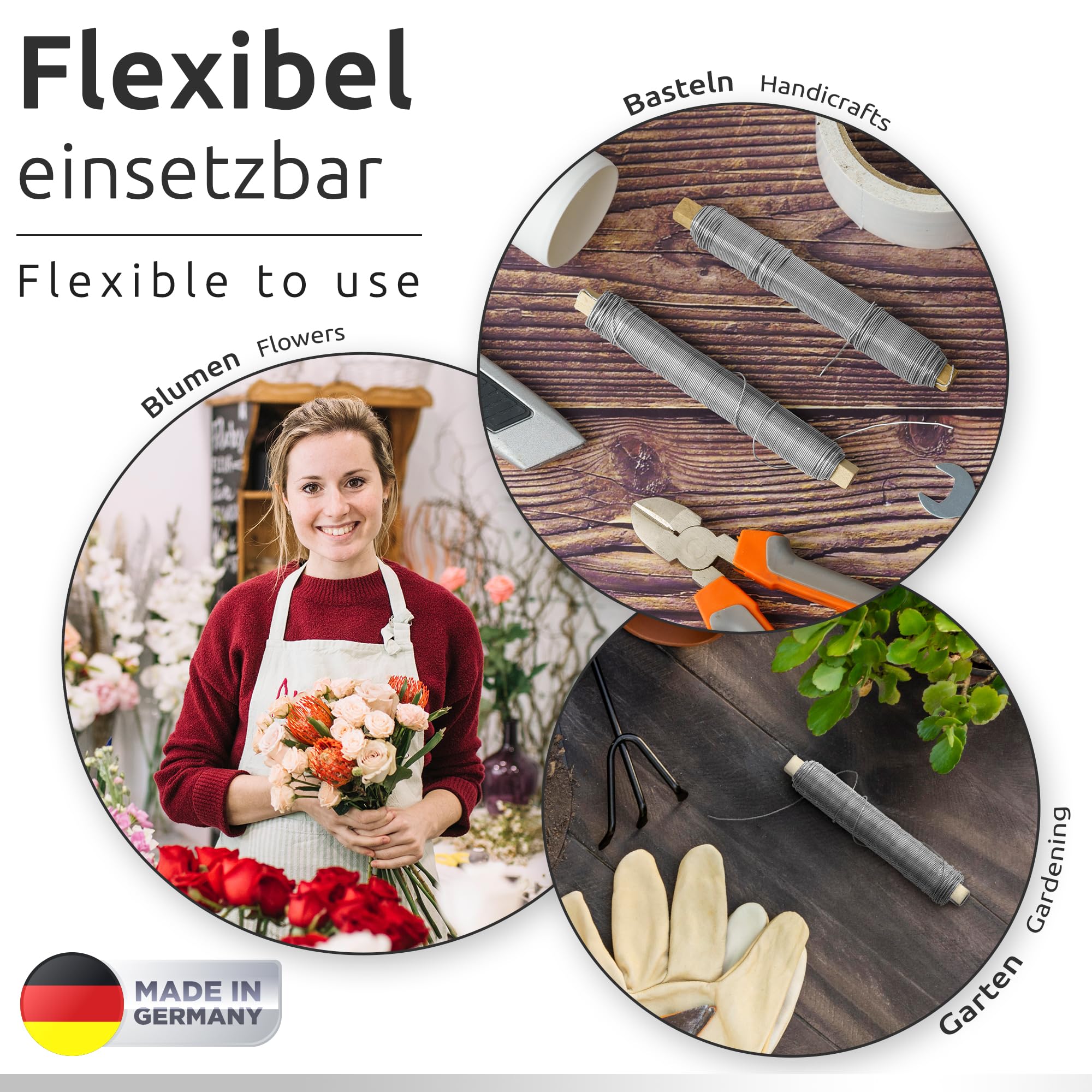 ECENCE 4x alambre de hierro para flores galvanizado, 0,65 mm alambre de unión a granel sobre base de madera, alambre de jardinería para fijar plantas y flores, alambre de fijación para jardín 35 m