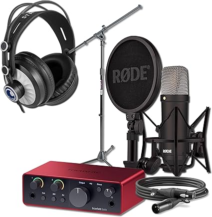 Rode NT1 Signature Series Condenser Microphone with Scarlett Solo 4th Gen USB Audio Interface, On-Stage MS7701B Boom Microphone Stand and Cans50 Monitoring Headphones