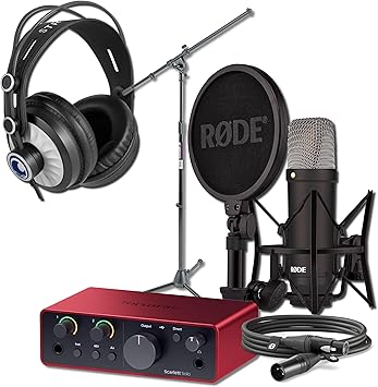 Rode NT1 Signature Series Condenser Microphone with Scarlett Solo 4th Gen USB Audio Interface, On-Stage MS7701B Boom Microphone Stand and Cans50 Monitoring Headphones