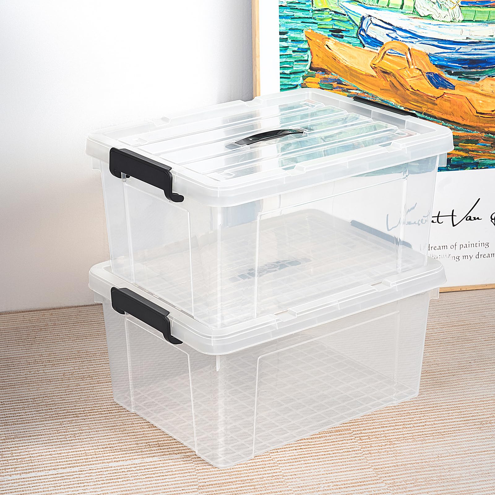 Cetomo 35L*3 Boîte de Rangement, Bac de rangement avec Poignée, Plastique Organisateur avec Couvercle, Empilable, Transportable, pour Vêtements, Bureau, Chambre, Dortoirs, Transparent, 35L - Lot de 3