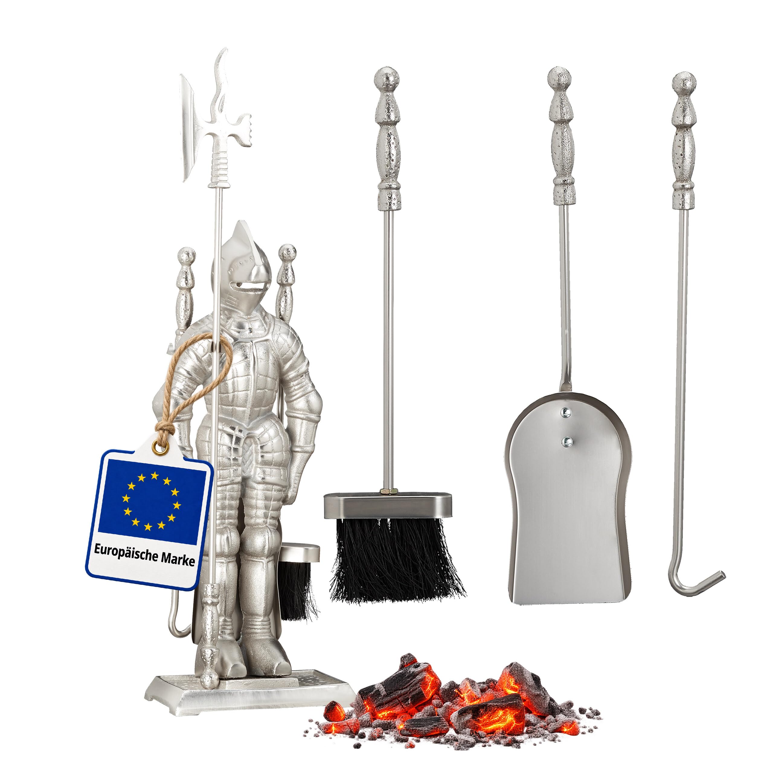 Relaxdays Ensemble serviteur de cheminée 4 pièces Accessoire Chevalier Fonte Pelle Balai tisonnier, argenté