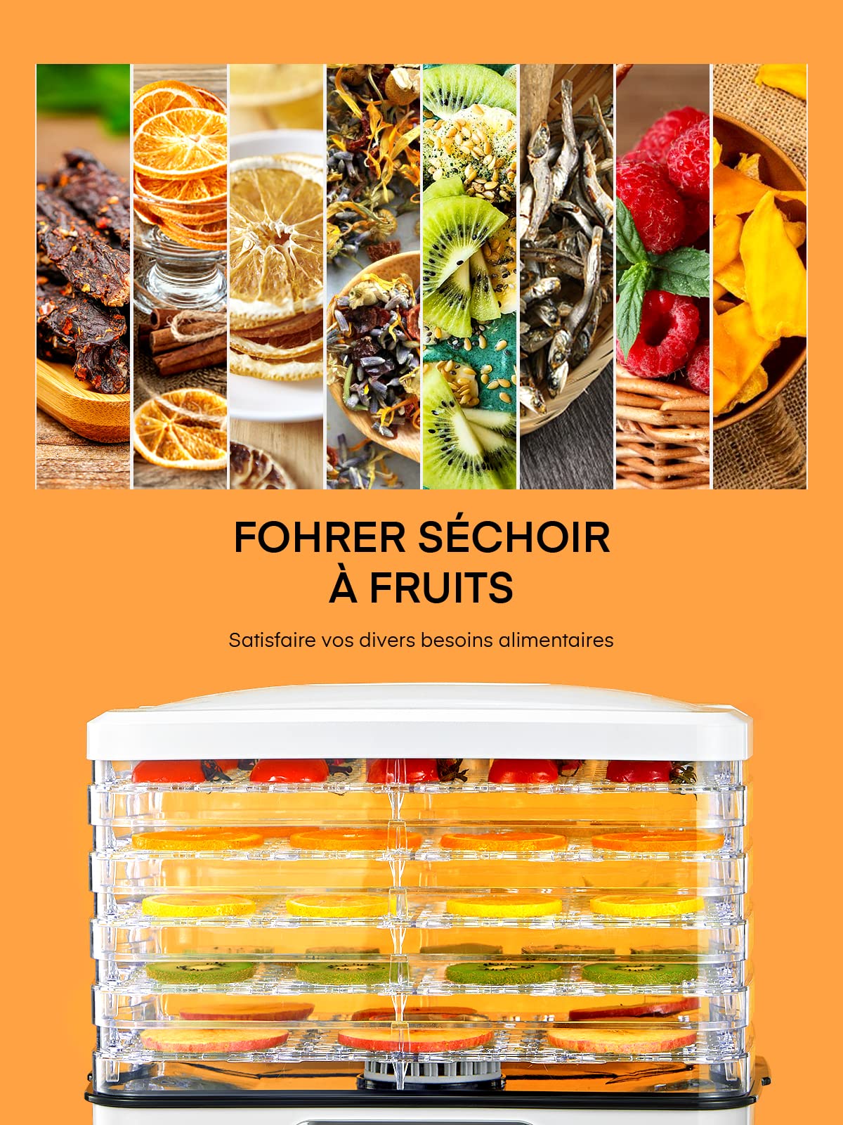 FOHERE Déshydrateur Alimentaire électrique, 240w Ménage Machine à Sécher Les Fruits, Température Réglable 35-70°C), 5 Plateaux Transparents Amovibles, Pour Fruits, Légumes, Viande, Poisson, Recettes
