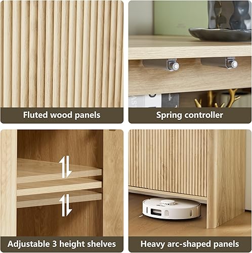 Miniatura 3 de Aparador bohemio, moderno de mediados de siglo, aparador de credenza acanalado largo con almacenamiento para cocina, comedor, oficina, sala de