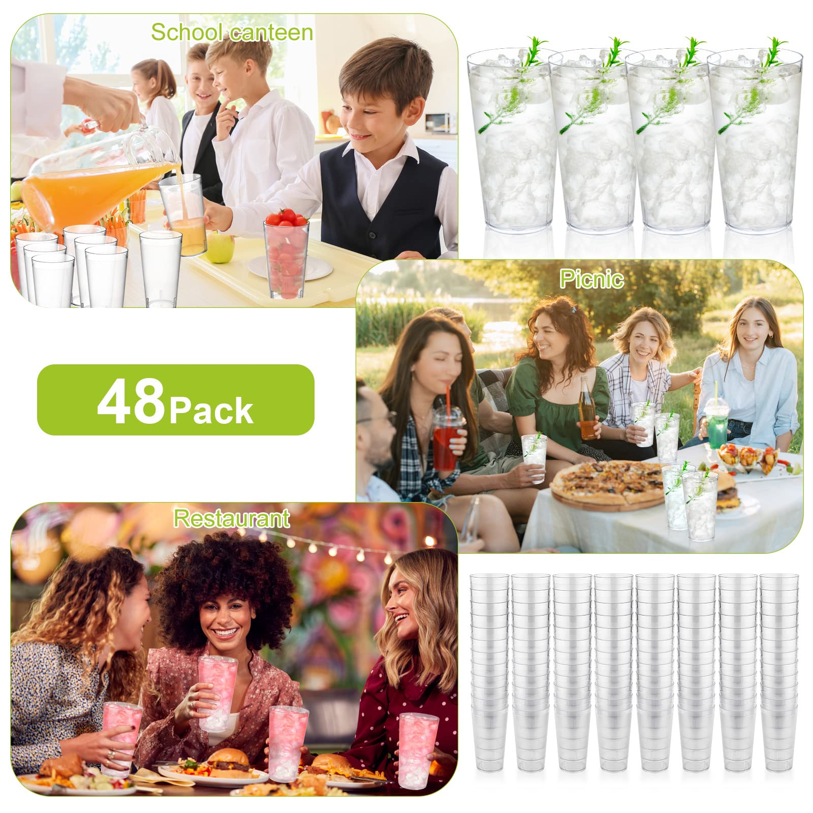 Mumufy 48 vasos de plástico apilables para restaurante, vasos de plástico esmerilado, reutilizables, ligeros, para restaurante, té, bebidas, transparente