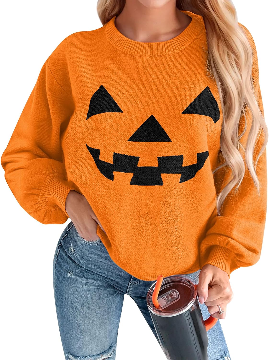 For G and PL Women's Halloween Crew Neck Lantern Sleeve Knit Sweater Loose Fit Jack-O'-Lantern Pullover