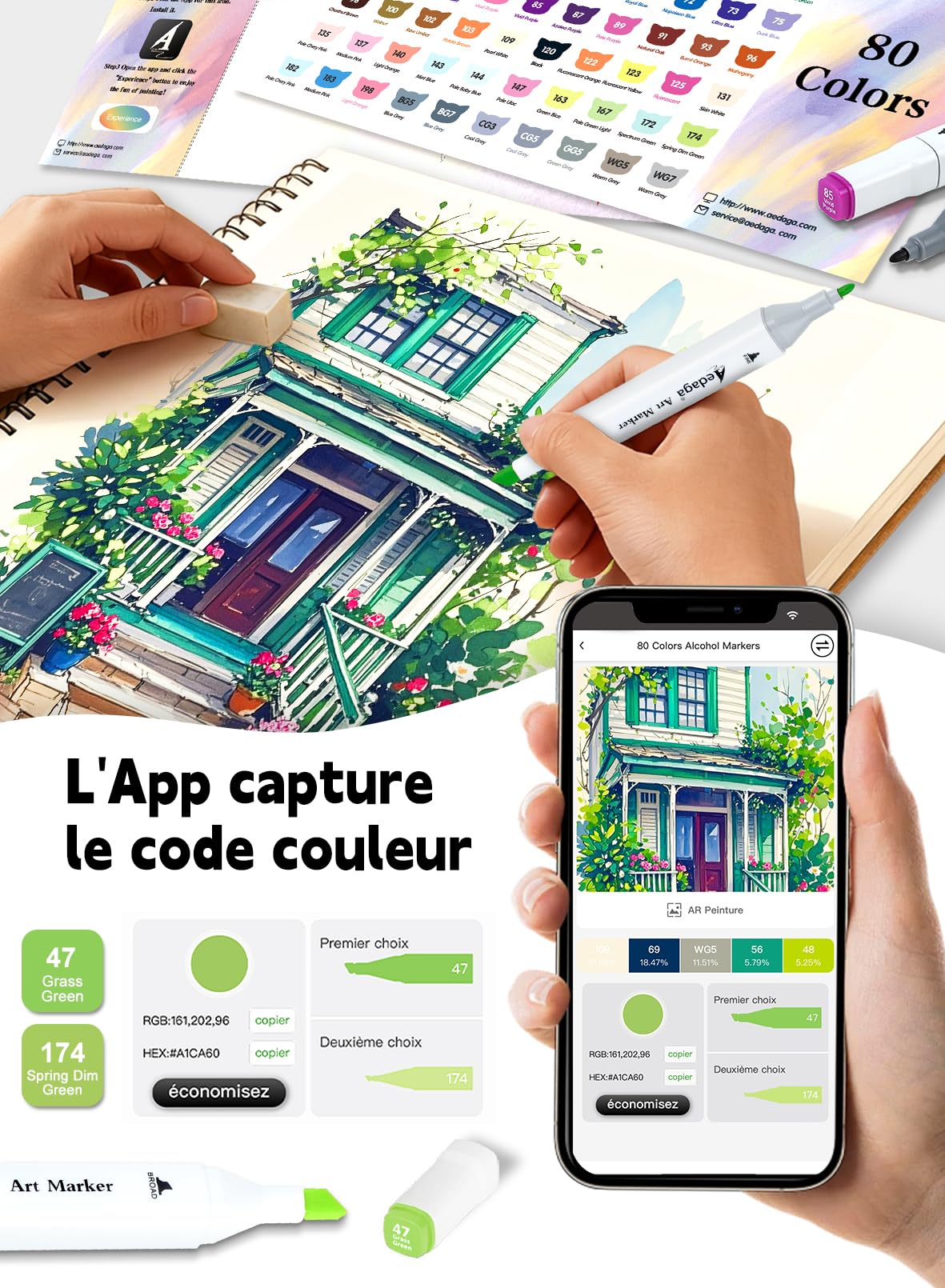 AEDAGA 200 Couleurs Feutre a Alcool avec App Marqueurs Alcool Double Pointe