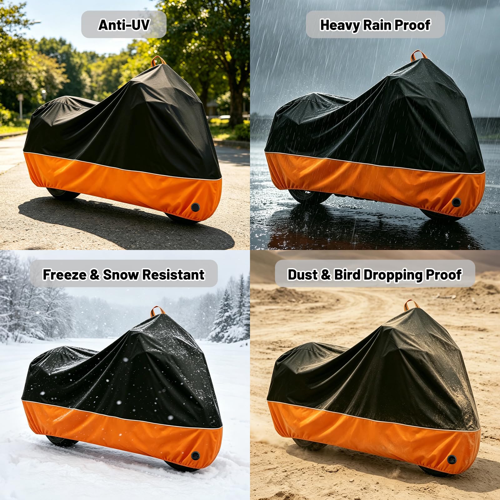 Funda Impermeable para Motocicleta Harley Davison, Honda, Suzuki, Kawasaki, Yamaha y más (tamaño XL) para Todas Las Estaciones, Color Negro y Naranja