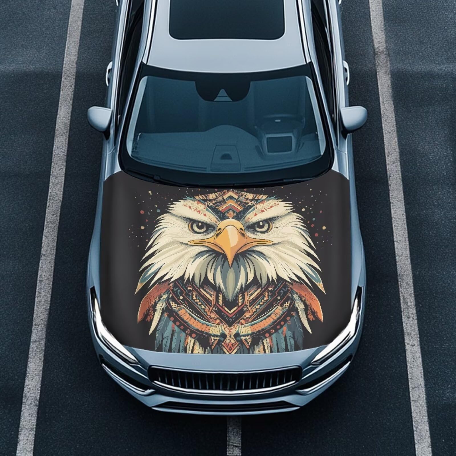 Cartoon Eagle Hood Cover Elastic Fabric, Bald Eagle Polka Dot Car Cover Suitable for Most Vehicles Sedans Trucks SUVs, Cute Animal Car Decorate Accessories