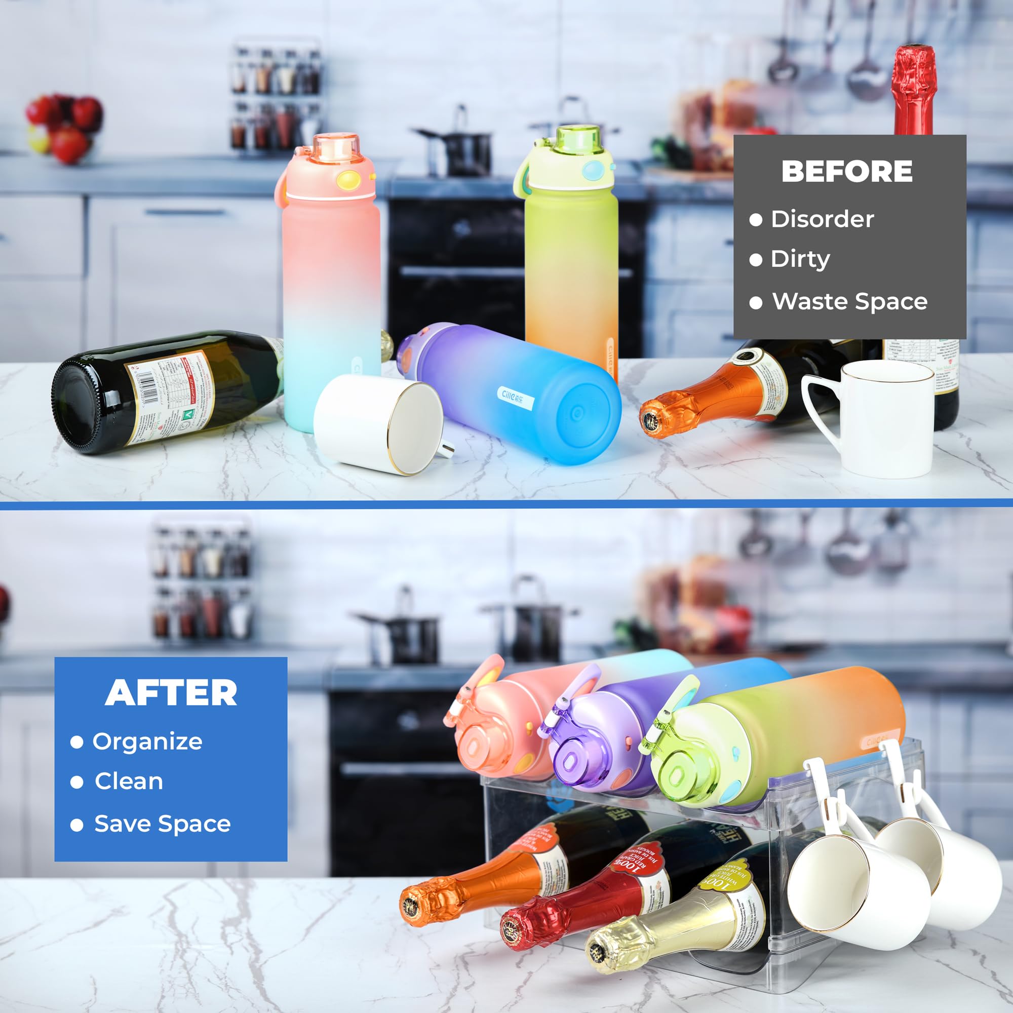 HUGE CARE Stackable Water Bottle Organizer Holder - for Stanley,Clear Wine Rack,Tumbler Storage Organizer,Kitchen Cabinet,Fridge,Countertop,2 Tier Holds 6 Bottles