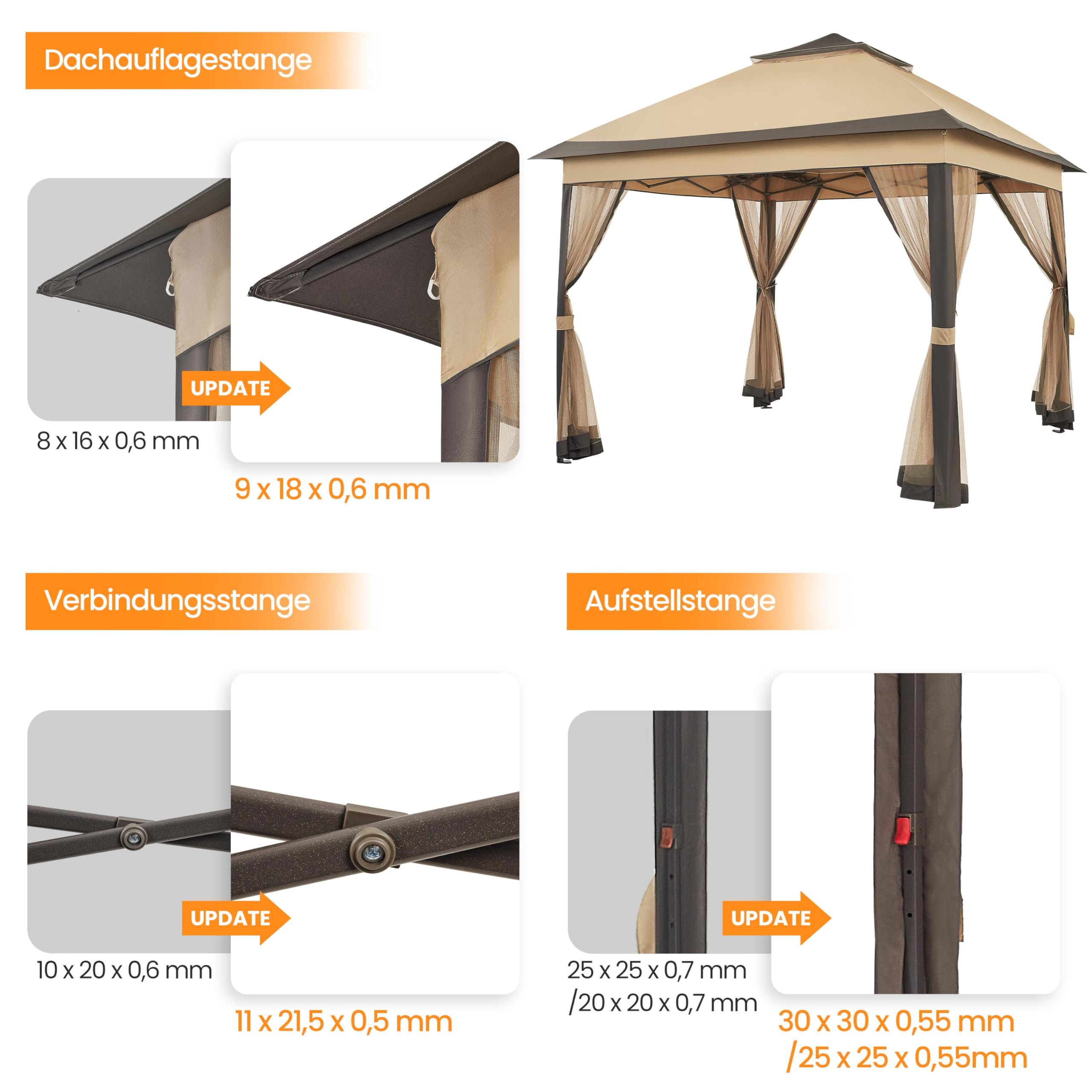 Yaheetech Pavillon 3,3x3,3m Wasserdicht Stabil Pop Up Faltpavillon, Höhenverstellbar Gartenpavillon mit 4 Moskitonetz Seitenteilen & Doppeldach Partyzelt inkl. Tragetasche, Khaki+Braun