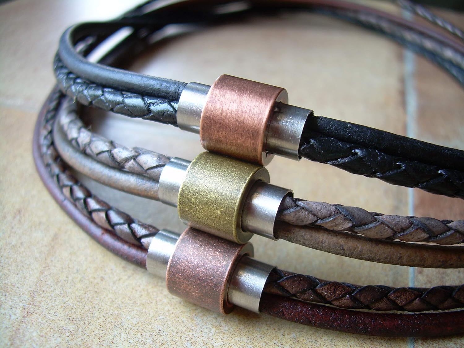 Handmade Double Strand Smooth and Braided Leather Cord Chain Necklace Choker with Magnetic Stainless Steel Clasp - Genuine Leather Necklace for Women and Men - Available sizes: 16,18,20,22,24 inch