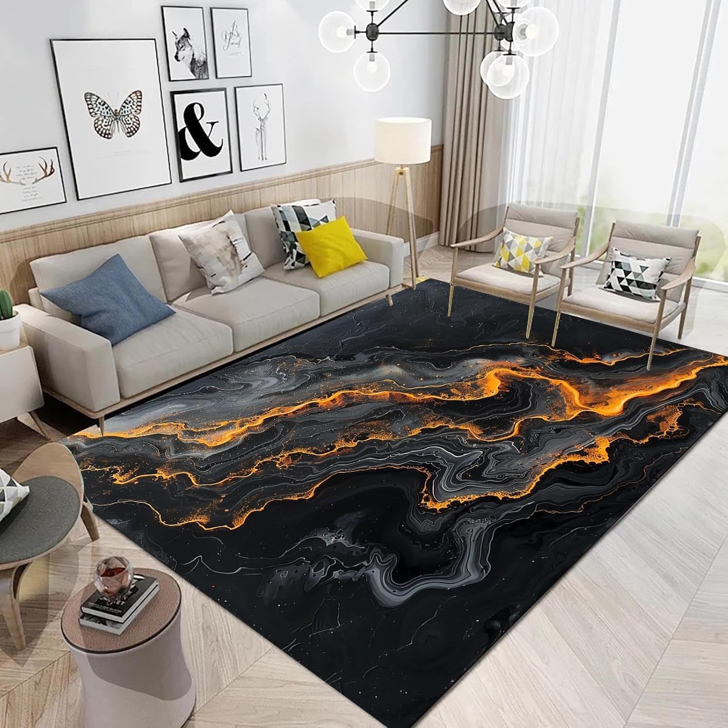 Grand tapis pour salon antidérapant texture flamme de roche 3D doux