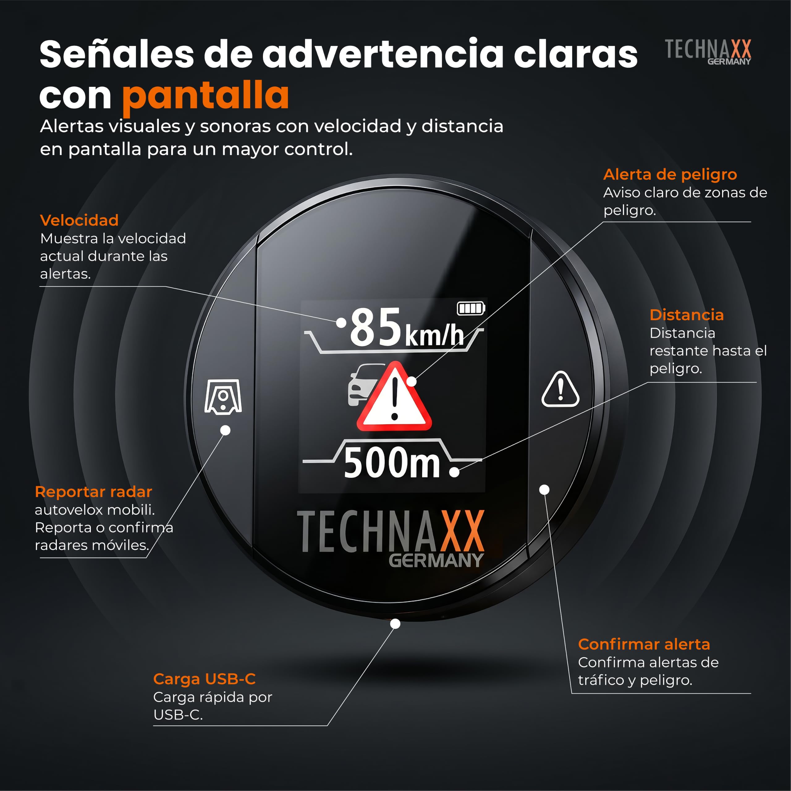 Technaxx Detector de Radar con Blitzer.de – Dispositivo Inteligente de Alertas de Tráfico con Pantalla Integrada, Alertas de Velocidad y Peligros en Tiempo Real, Activación Automática - TX-388