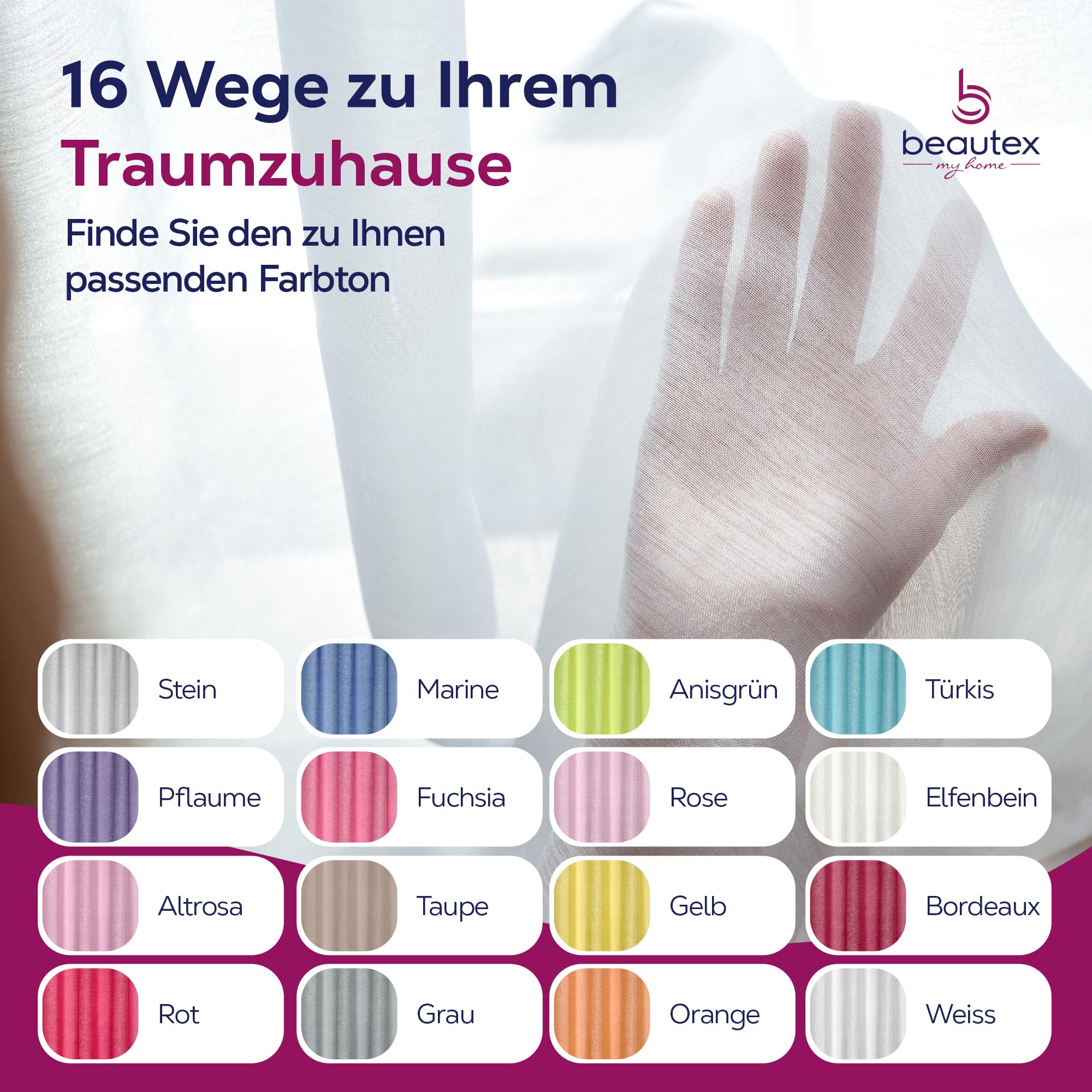 BEAUTEX Vorhang mit Kräuselband oder Ösen, transparente Gardine Dolly, Farbe und Größe wählbar (Kräuselband - Breite 290 cm - Höhe 250 cm - 1 Stück - Pflaume)