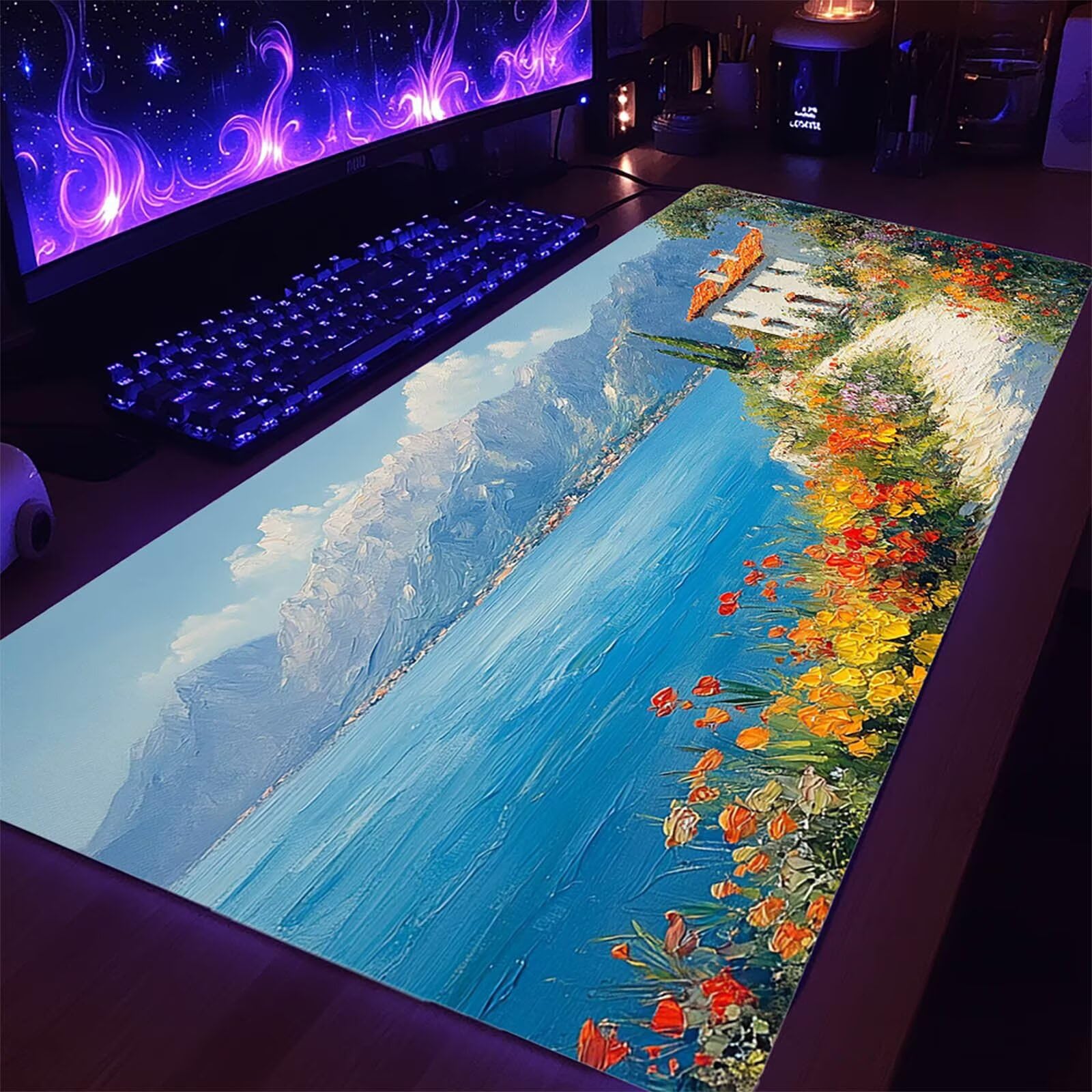 Podkładka pod mysz XXL 160 x 80 x 0,3 cm wodoodporna mata na biurko do gier na klawiaturę bezprzewodowa mysz do laptopa, podkładka pod mysz wioska przeszyte krawędzie antypoślizgowa podstawa, model
