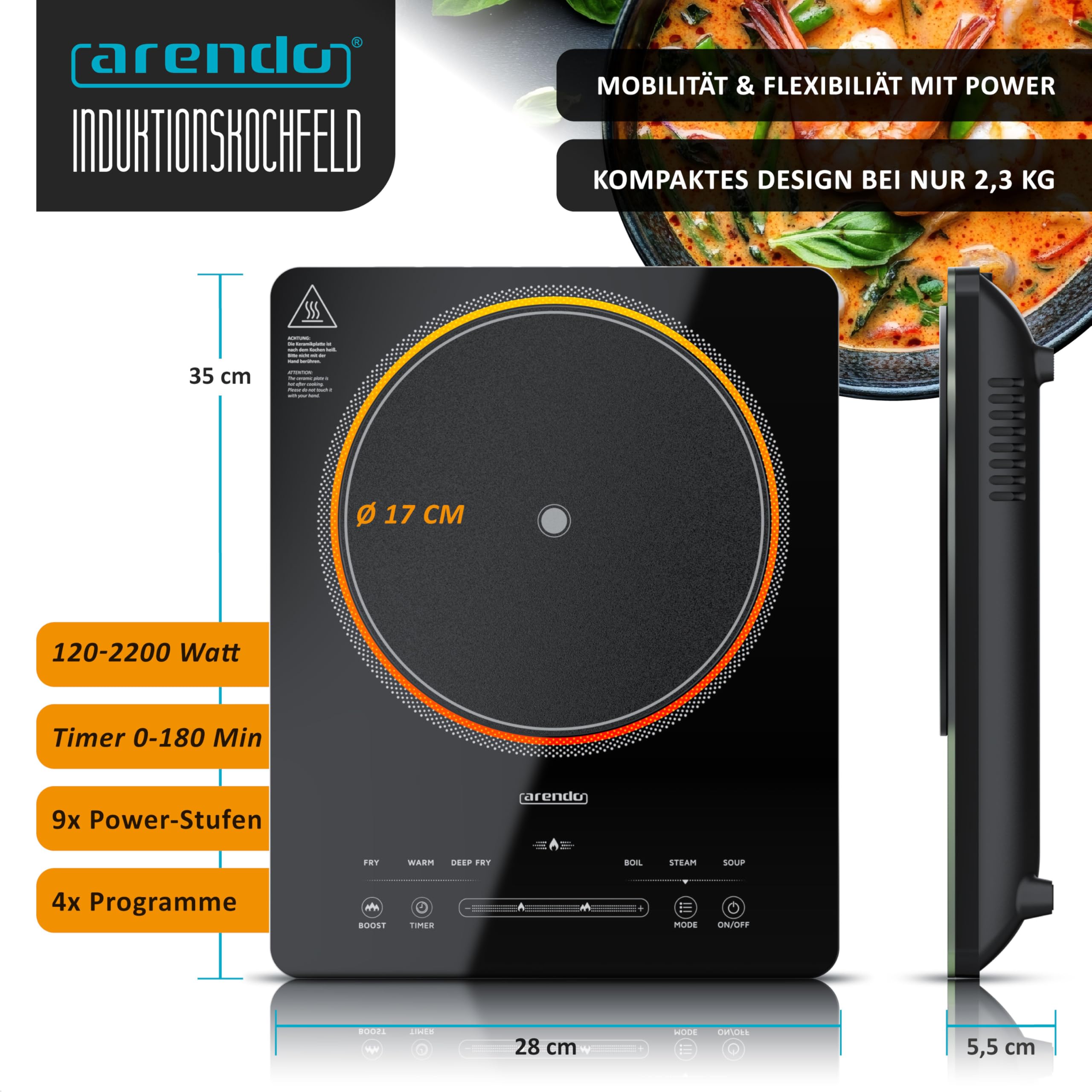 Arendo - Kochplatte Induktion 2200 Watt - Induktionskochplatte - 9 Leistungsstufen - 120-2200 W - mobil - 1 Induktionskochfeld - Sensor Touch Bedienfeld - Timer - Überhitzungsschutz
