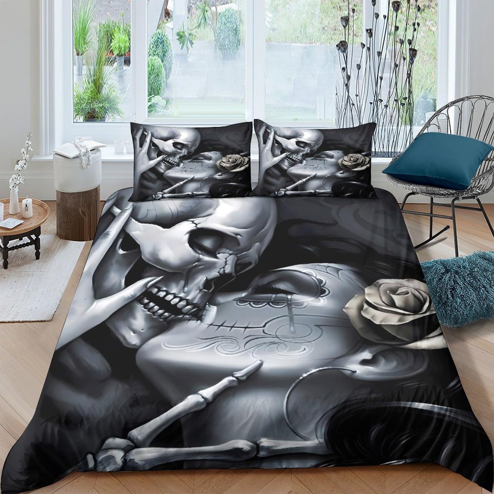 Ctjqhvkz Style-6 3D Printed Skull Kiss Fitted Sheet Microfiber Soft Gothic Rose Mattress Cover For Bedroom Dorm Decorative Use Single（135X200cm）