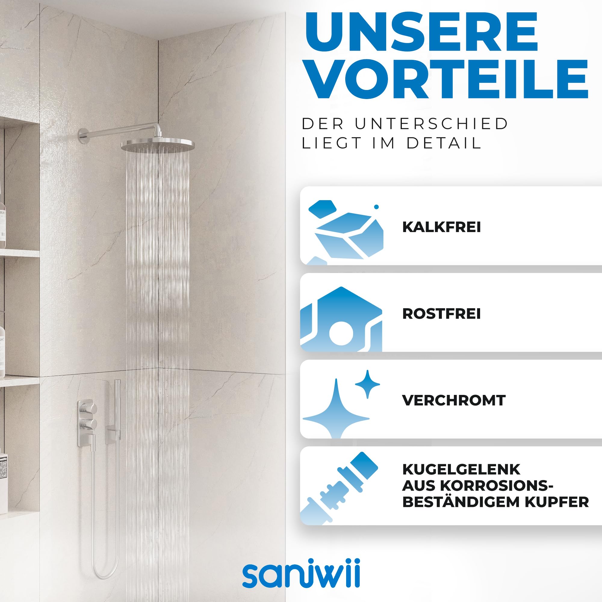 Regendusche [Duschkopf & Selbstreinigung] – Kalkfreie & Rostfreie Regenwalddusche | Wellness-Regenbrause (verchromt, rund)