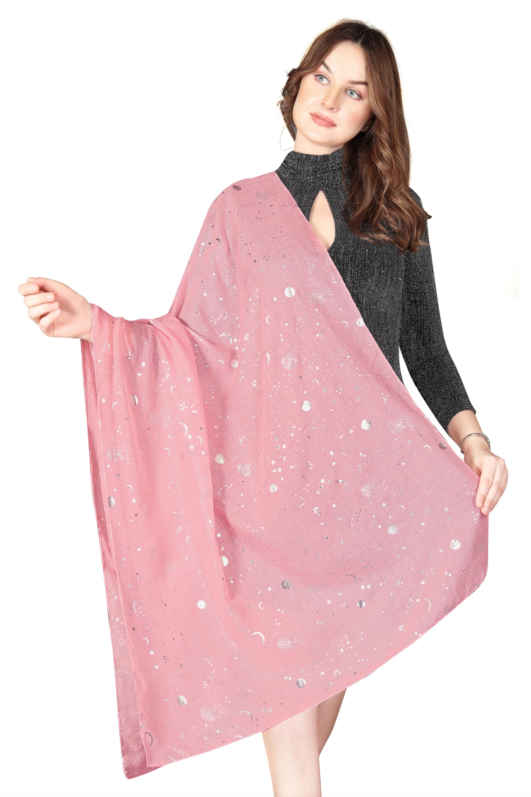 London Scarfs Women's Dusty Pink Moon Silver Gold Glitters Shimmer Foil Stars Scarf Shawl Wrap (Dusty Pink Moon)