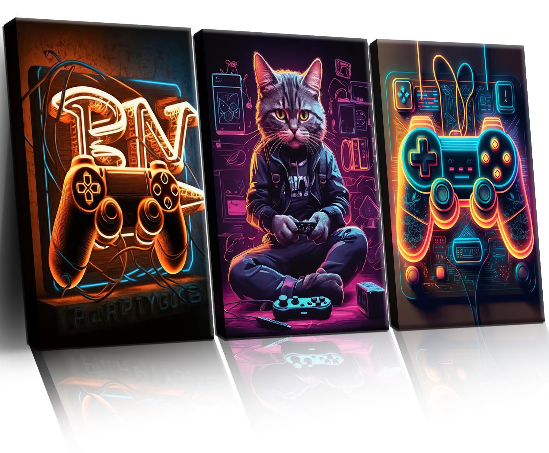 Eysintum Framed Cool Gaming Wall Art Retro Video Game Controller and Cat Canvas Prints Gamer Room Decor for Boys Bedroom Teen Game Room Wall