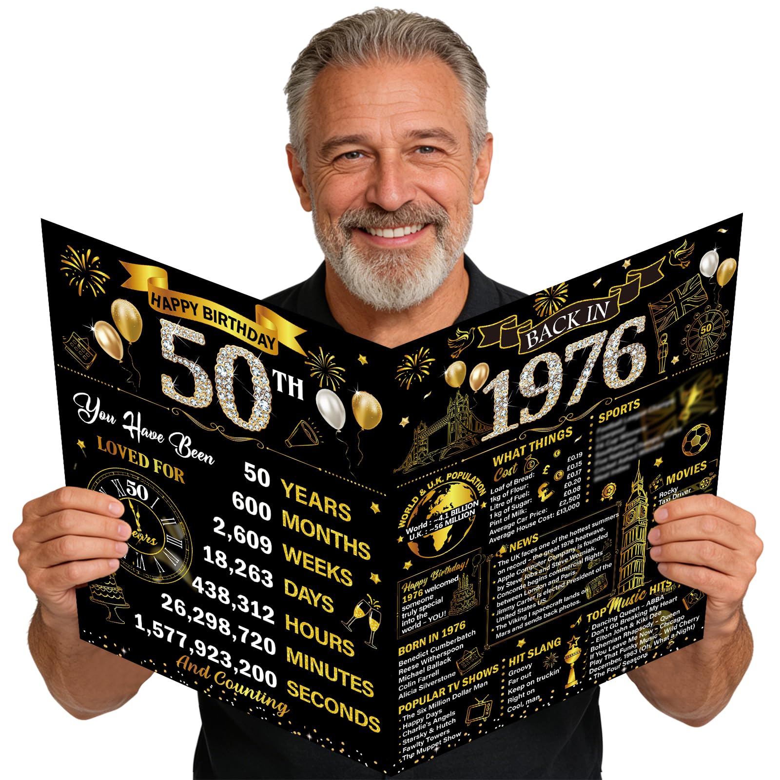 Eiapadeor Large 50th Birthday Card for Men - Black Gold Back in 1976 50th Birthday Card with Envelope Cheers to 50 Years Jumbo Guest Book Birthdays Gift for Women Men 50 Year Old Party Decorations