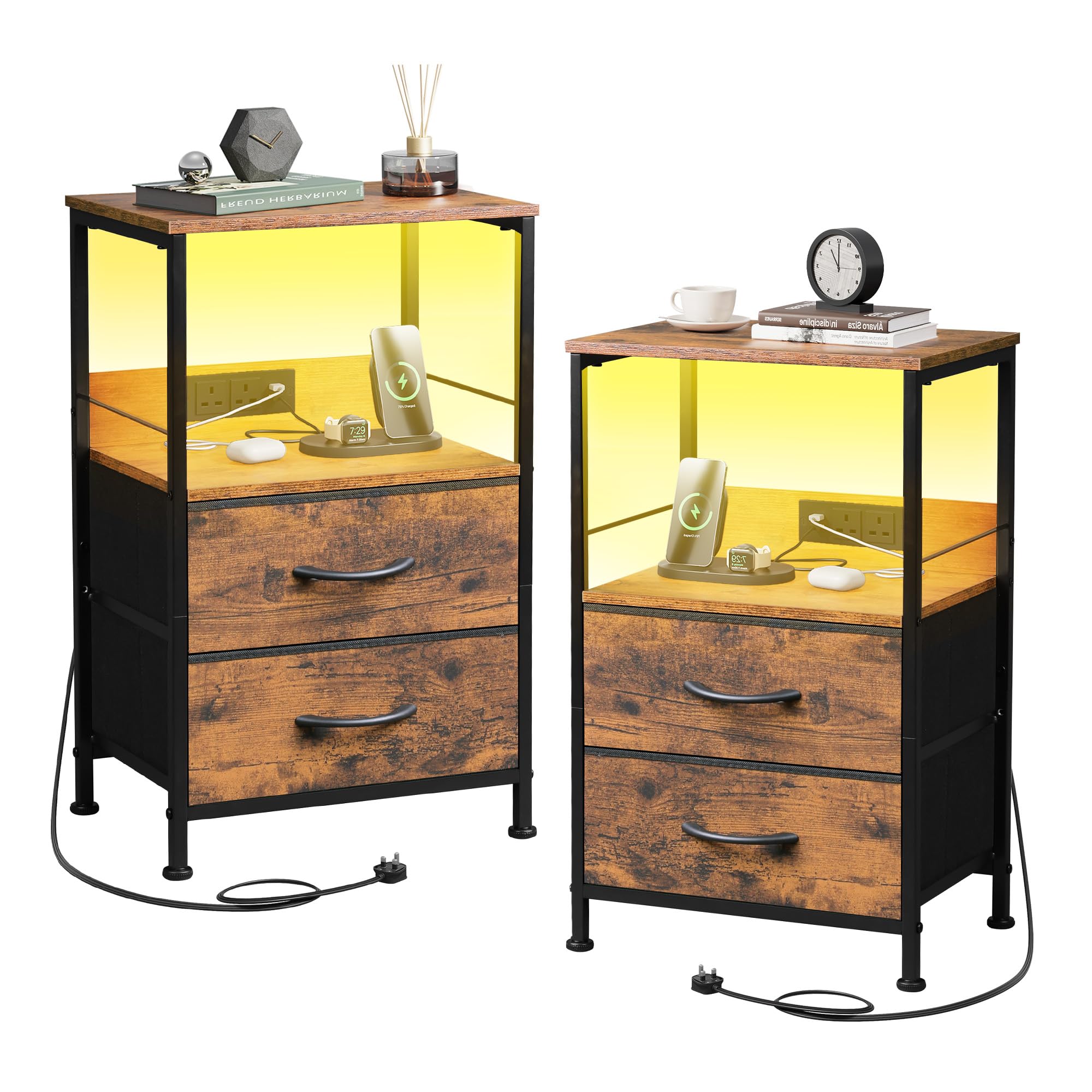 WLIVE Bedside Table with Charging Station and LED Light, Bedside Cabinet with 2 Fabric Storage Drawers and Shelf, Bed Side Table for Bedroom, Living Room (Rustic Brown, 2pcs) — image 1