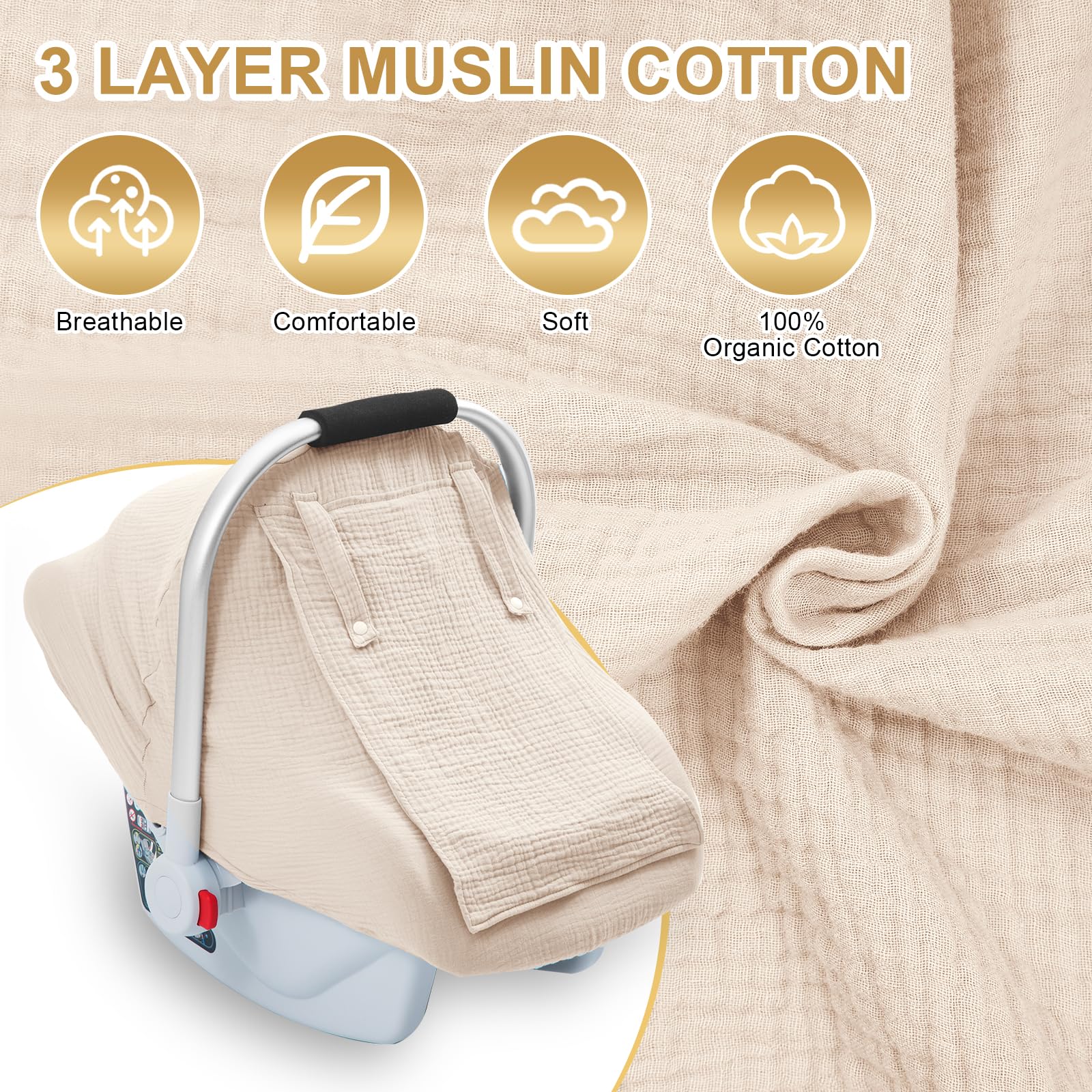 3 Layer Muslin Baby Car Seat Cover, Infant Car Seat Cover with Mesh Peep Window, Breathable Carseat Canopy for Winter, Windproof Carrier Cover with Privacy Sun Shade, Baby Stroller Weather Shields