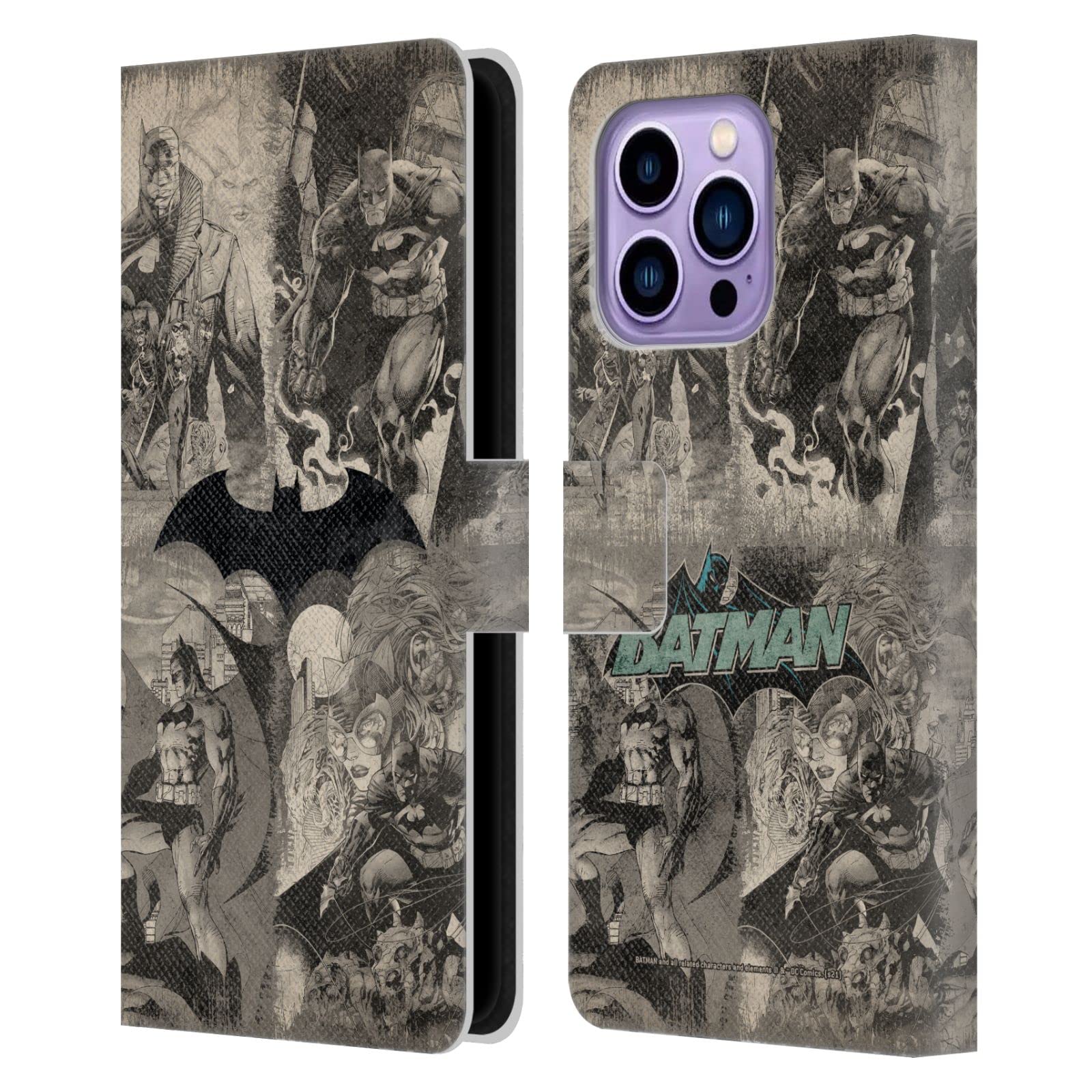 Head Case Designs Officially Licensed Batman DC Comics Logo Collage Distressed Hush Leather Wallet Case Compatible with Apple iPhone 14 Pro Max