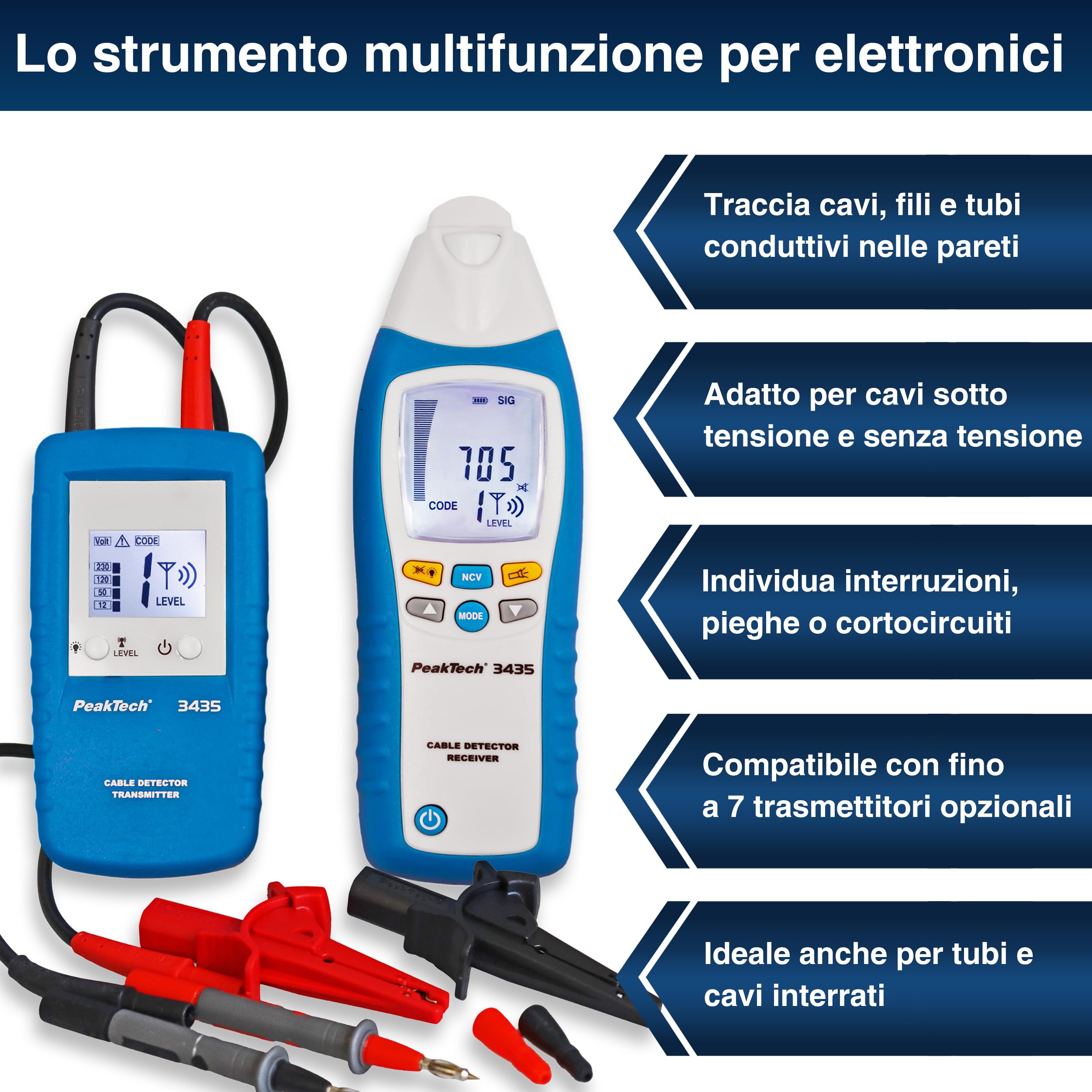 PeakTech 3435 – Rilevatore di cavi con trasmettitore e ricevitore, Voltmetro, Rileva cortocircuiti, fusibili, tubi, inclusi pareti, soffitti e pavimenti - Fino a 2 m di distanza