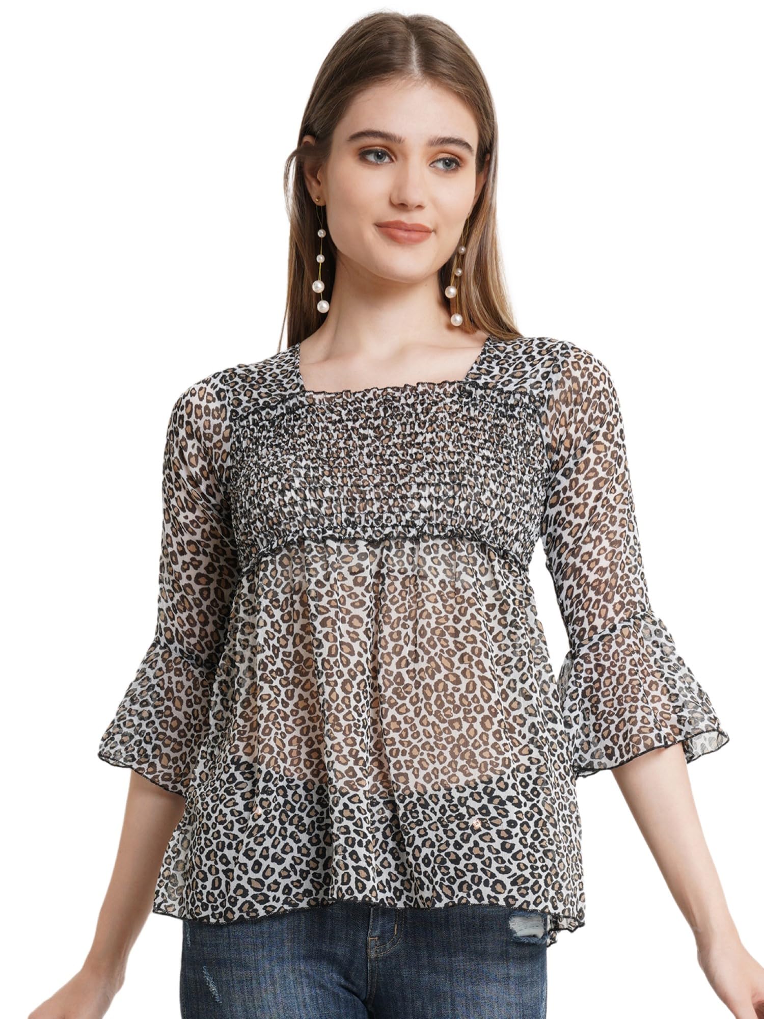 popwings Printed Chiffon Peplum Tops for Women || 3/4th Sleeves Square Neck Women Tops for Summer || Stylish Western Smocking Women Tops-picture-23