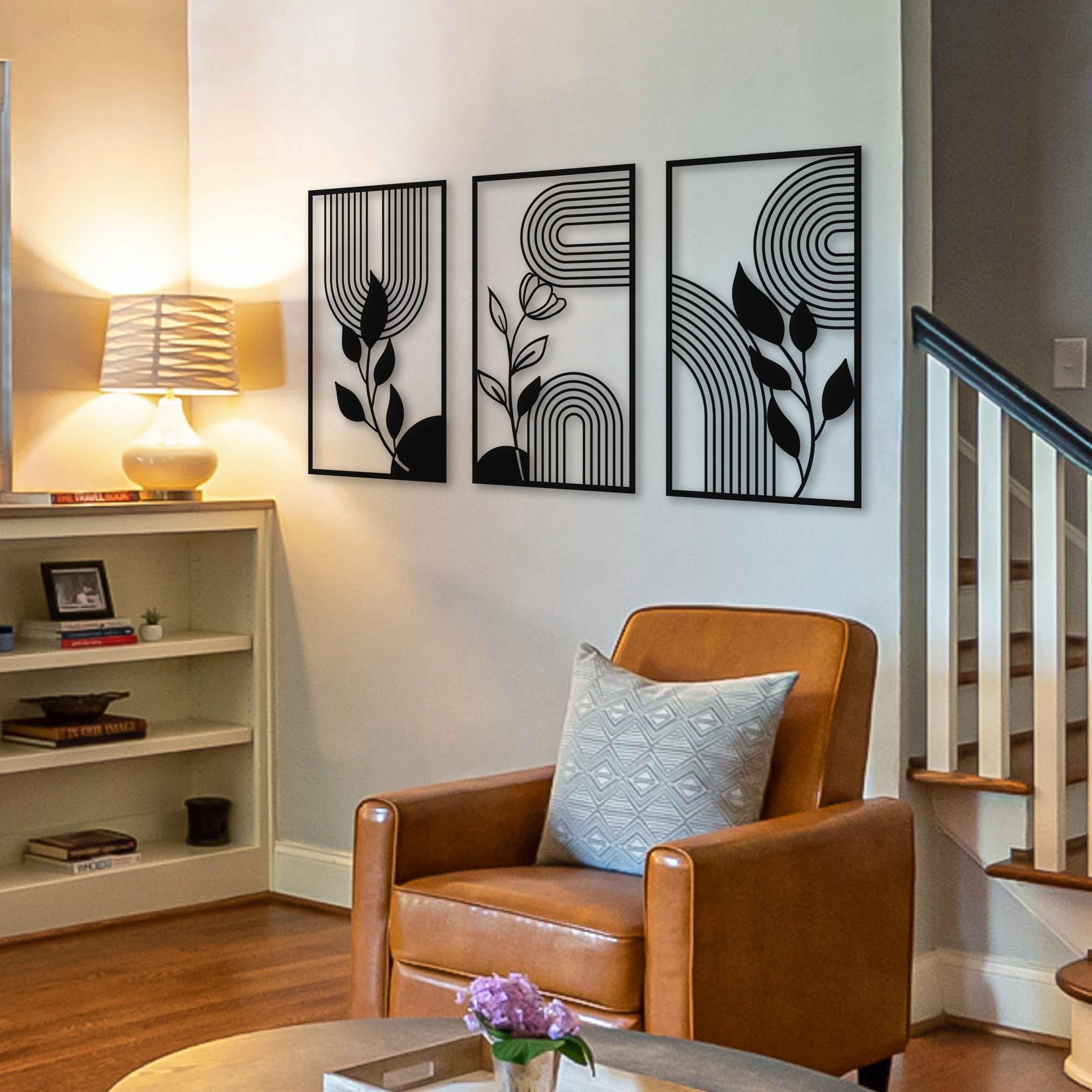 KAWA METALWORKS Moderne Metall-Wandkunst, florale Mitte des Jahrhunderts, moderne Wanddekoration über dem Bett, Blättern und Blumen, Boho-Wandkunst, ästhetisches Geschenk für Zuhause