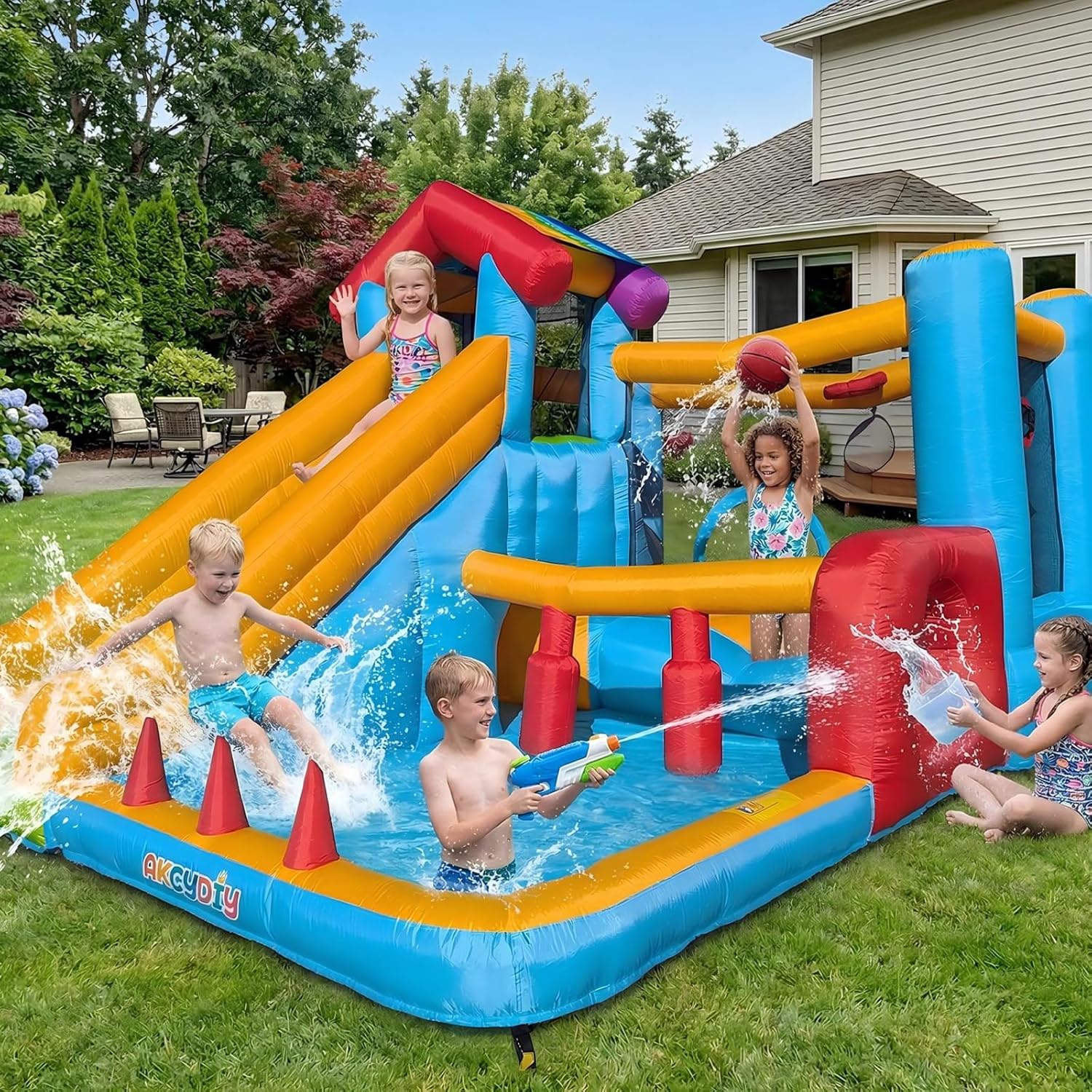 AKEYDIY 16-in-1 Water Slide Bounce House Obstacle Course & Tunnel for Big Kids 8-12 & Water Bounce House for Kids 3-6,with Long Slide, Climbing Wall,Jump Area,Target & Ring Toss,for Indoor Backyard