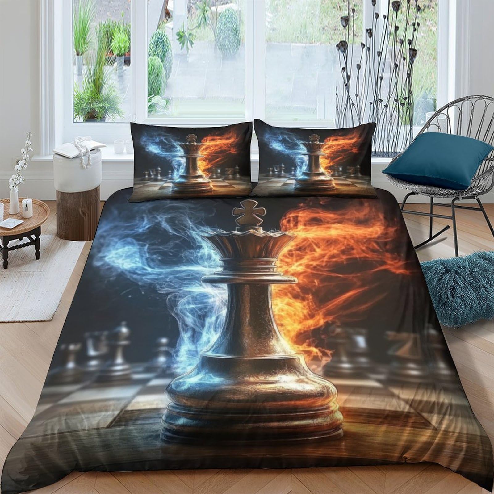 Ctjqhvkz Style-8 3D Printed Fire And Ice Chess Fitted Sheet Microfiber Slip-Resistant Bed Cover For Bedroom Dorm Decor Single（135X200cm）
