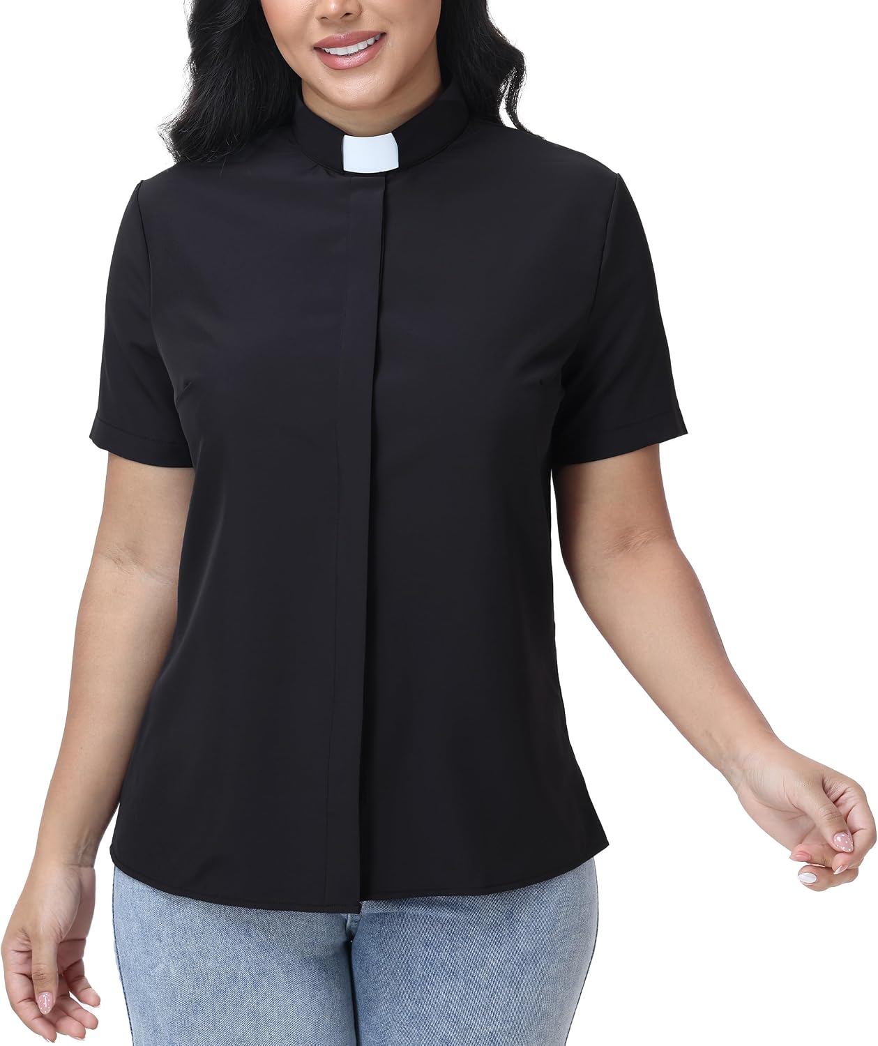 Women's Clergy Shirt Short Sleeve Tab Collar Hidden Placket Minister Pastor Church Blouse