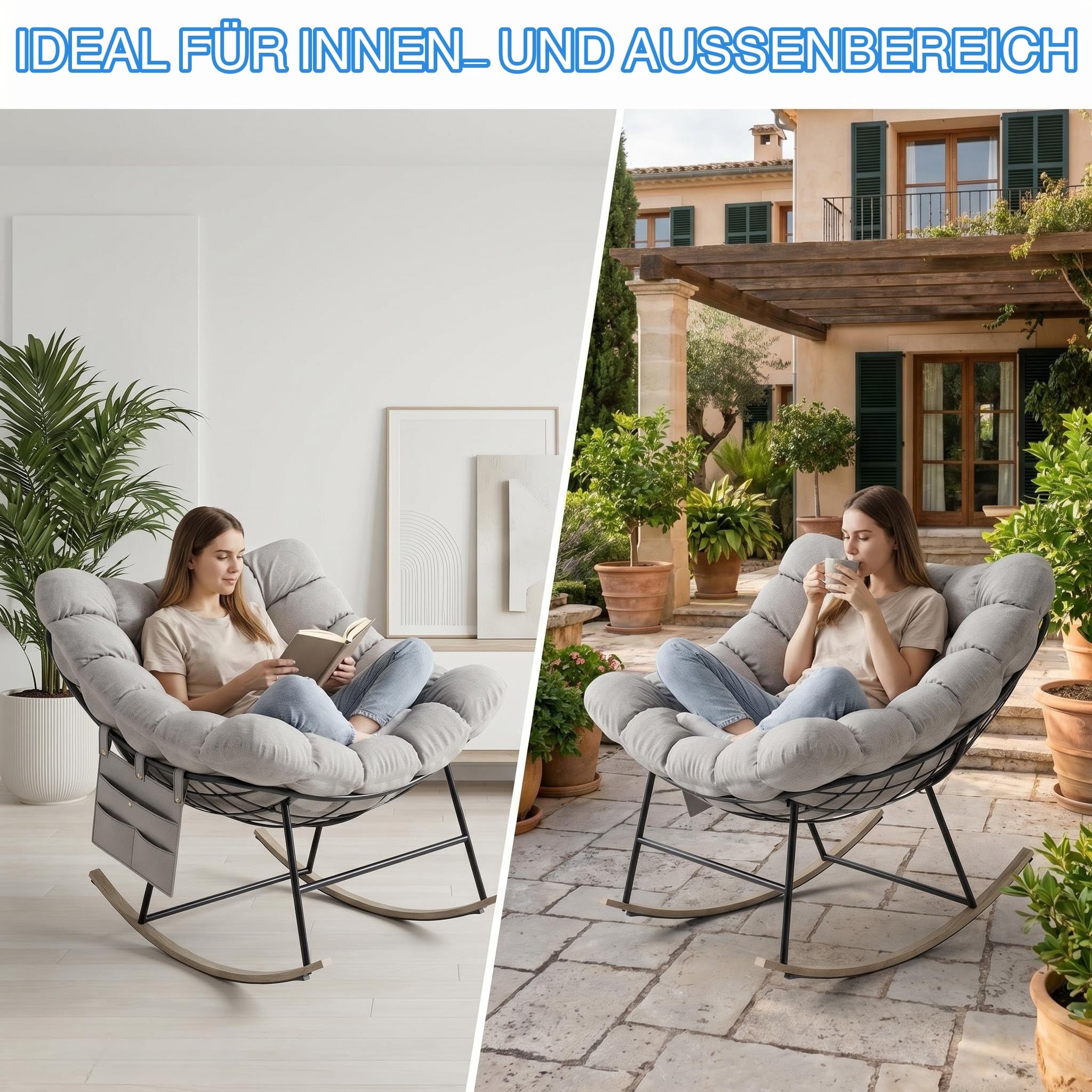 Schaukelstuhl Extrabreiter Ei-Schaukelsessel Outdoor mit Seitentasche, Relaxsessel Wippfunktion mit Abnehmbares Sitzkissen für Wohnzimmer Garten Balkon, Stahlgestell, Bis 150 kg Belastbar – Aprikose