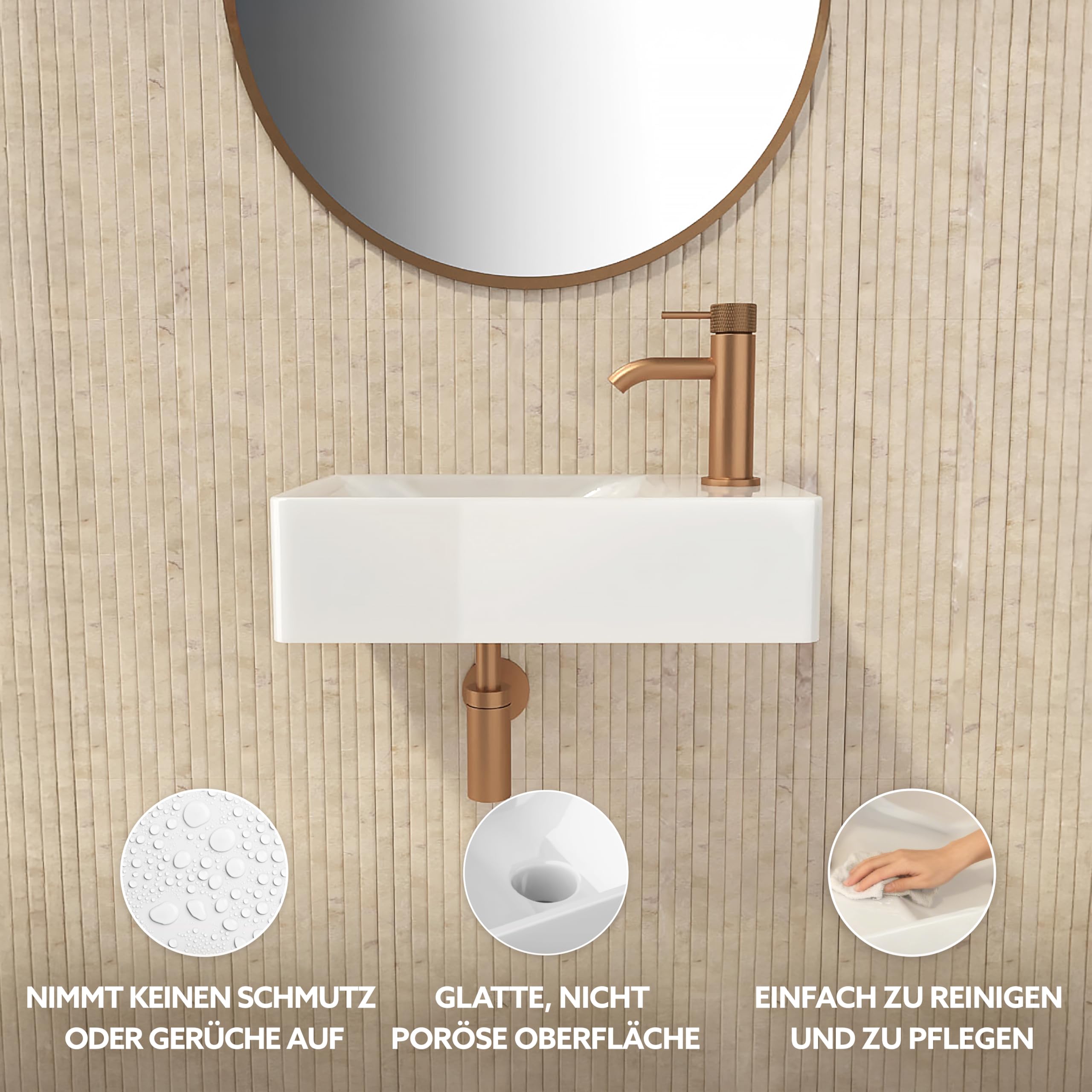 HOGART Lavabo Piccolo Bagno in Ceramica 38x22cm con Vasca a Sinistra – Lavandino Rettangolare Compatto Salvaspazio, Foro Rubinetto Senza Troppopieno, Sospeso o da Appoggio per WC Ospiti, Bagni Moderni - 4