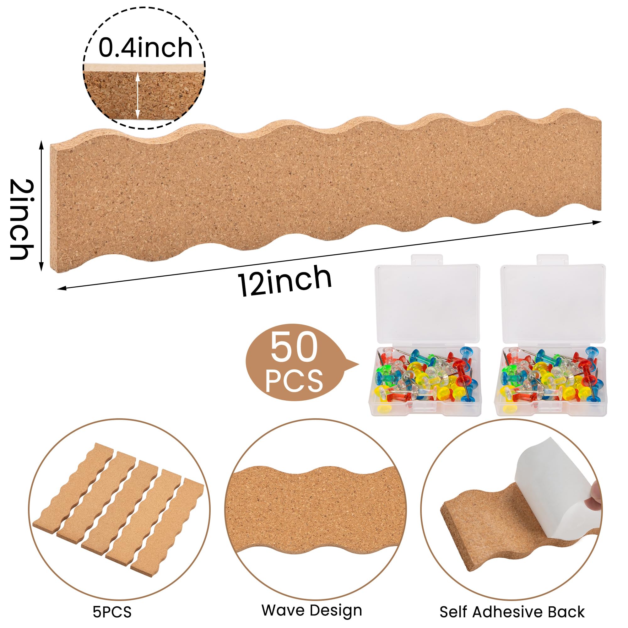 Umbrotiger 5 Pack Wave Cork Board Set with 50 Push Pins Self-Adhesive Thick Strips Kit for Office Classroom Home Walls, Decorative Message Board Group