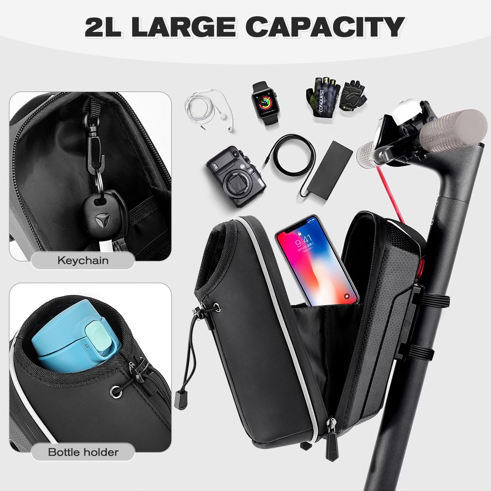 GXCROR Electric Scooter Bag 2L Large Capacity, Waterproof Front Hanging Storage Bag, Portable Handlebar Bag for Carrying Phone, Bottle, Charger Tools