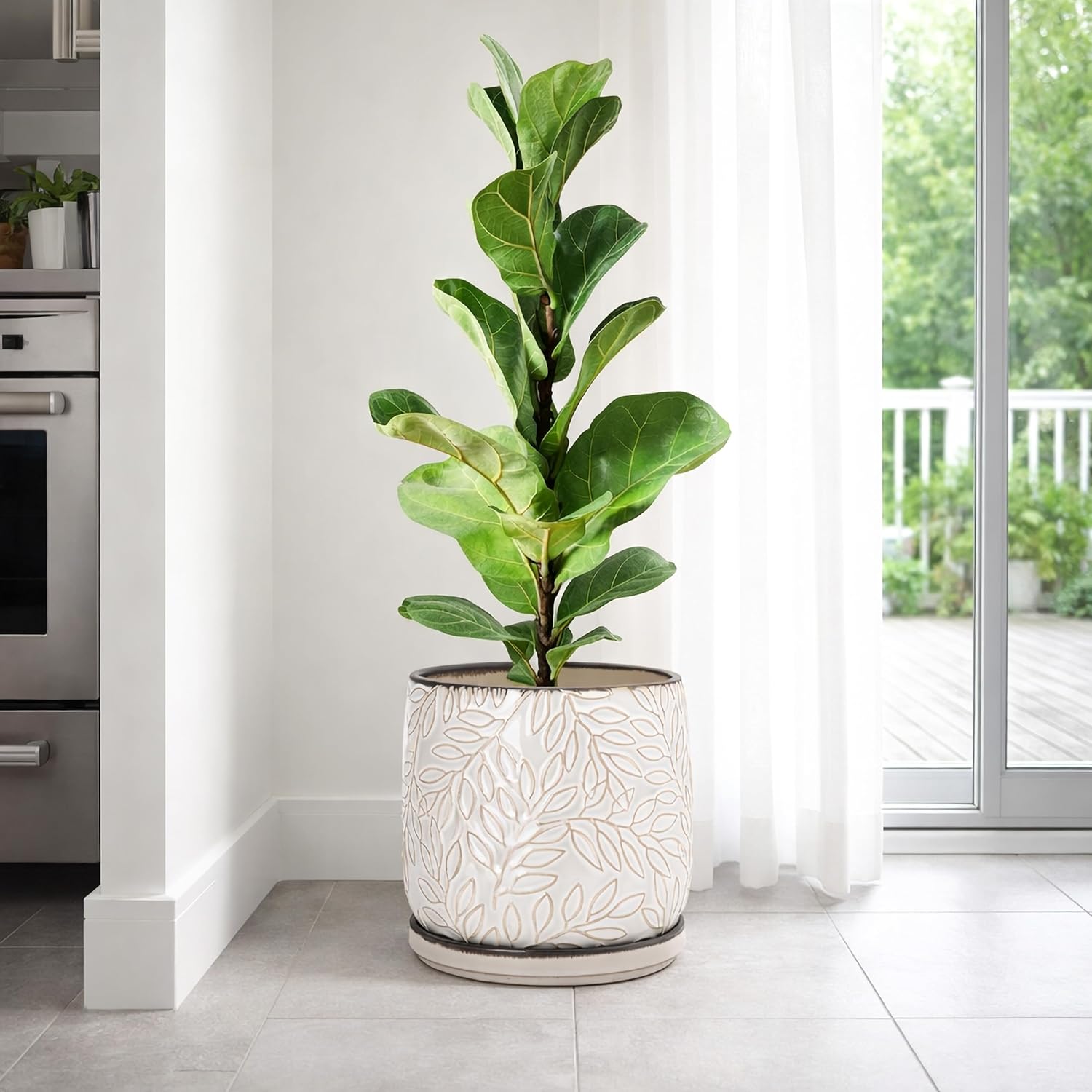 D'vine Dev 8 Inch Embossed Leaves Stoneware Planter Pot with Drainage Hole and Saucer, Smoked White, 27-A-Q-1