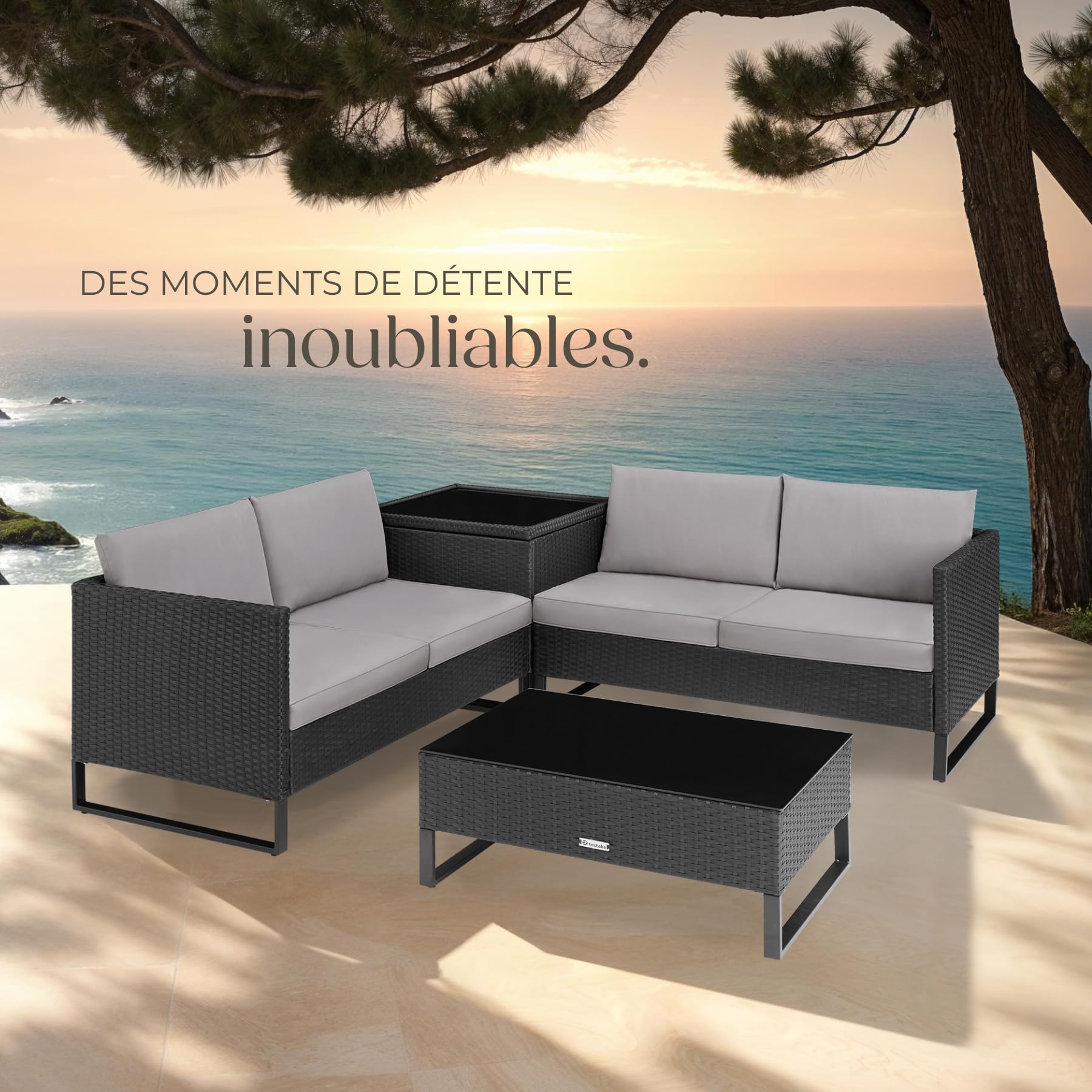 Tectake Ensemble Salon de Jardin Exterieur Modulable en Rotin, Canape 4 Places, Table Basse Verre, Coffre Rangement, Coussins Inclus