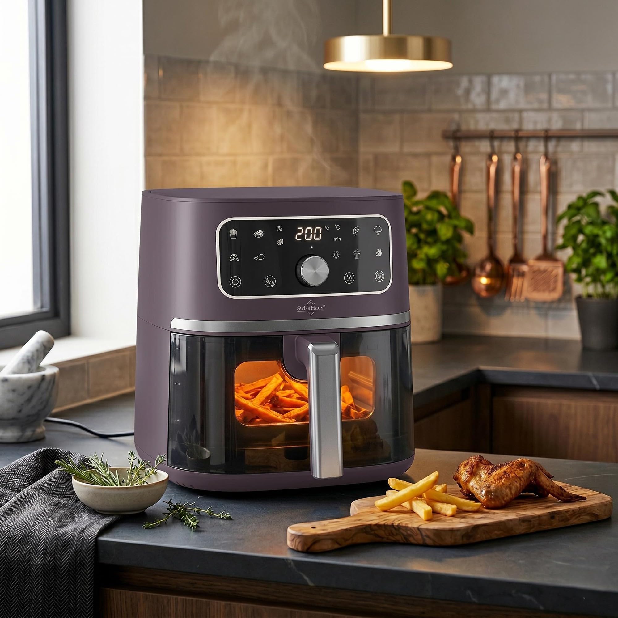 Cyfrowa frytkownica powietrzna Lake Geneva Collection – okienko podglądu, 8 programów, intuicyjne pokrętło, 1500 W – 4,75 l – fioletowo-szary SH-AF1805