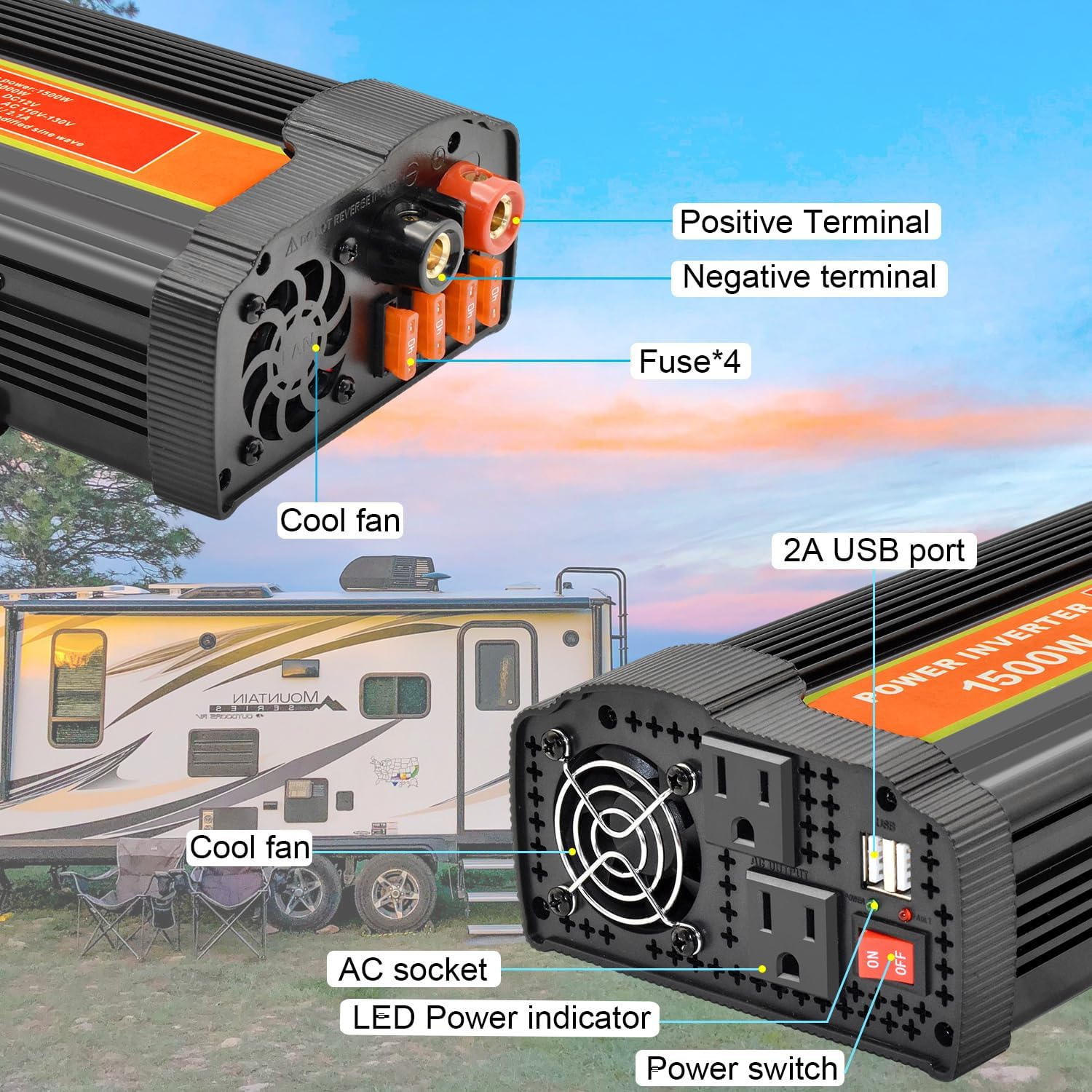 Power Inverter dc to ac 12V to 110V Converter Charger for car RV (1500W)