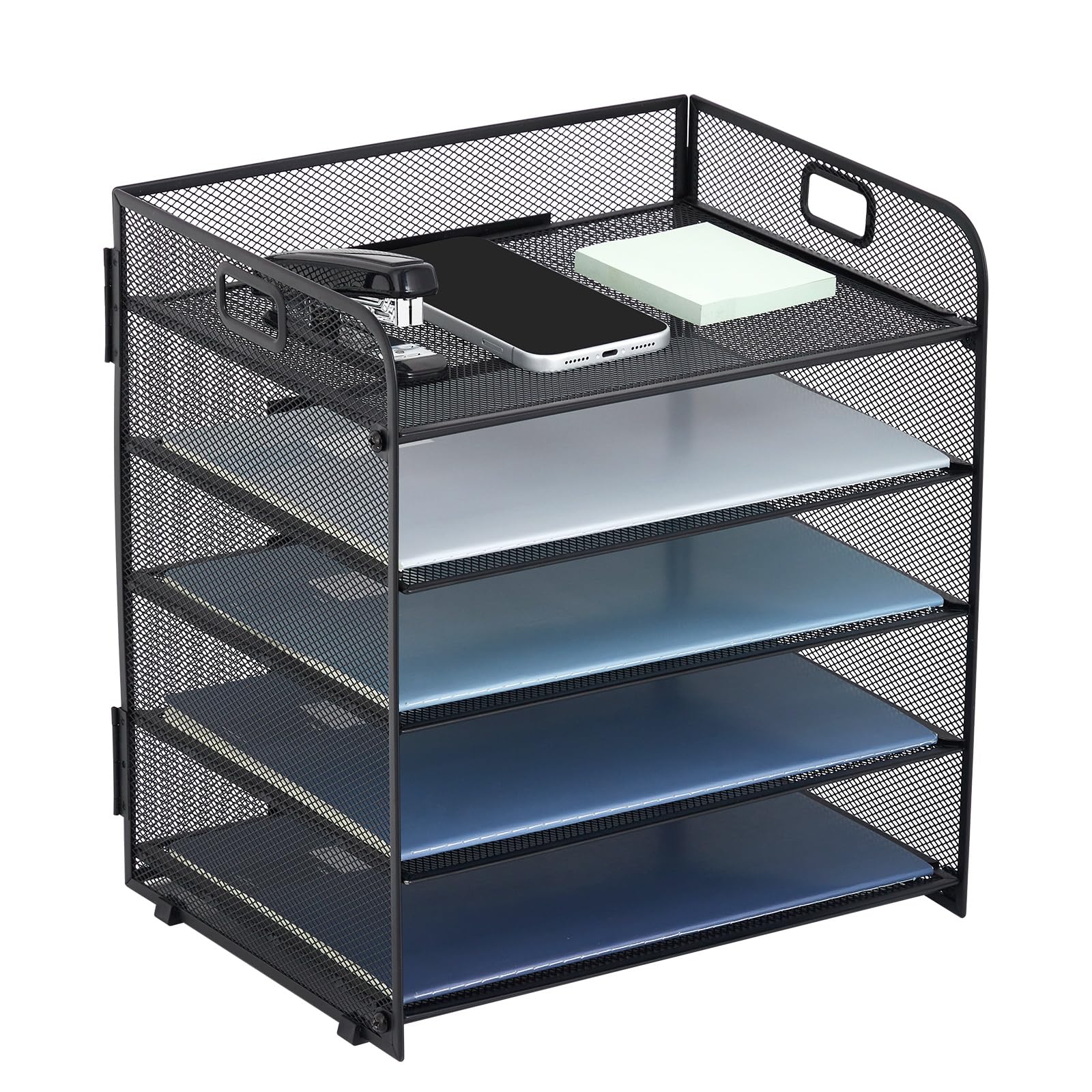 Tonsmile Desk Organiser Tray, 5 Tier Black Metal Paper Tray Organizer with Handle, A4 Letter Tray File Holder for Office, Black