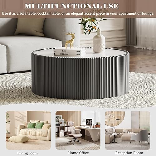 Miniatura 64 de Mesa auxiliar redonda moderna, mesa auxiliar de sofá de mármol sintético con base cubierta de cuero sintético en forma de cuenco, mesa auxiliar