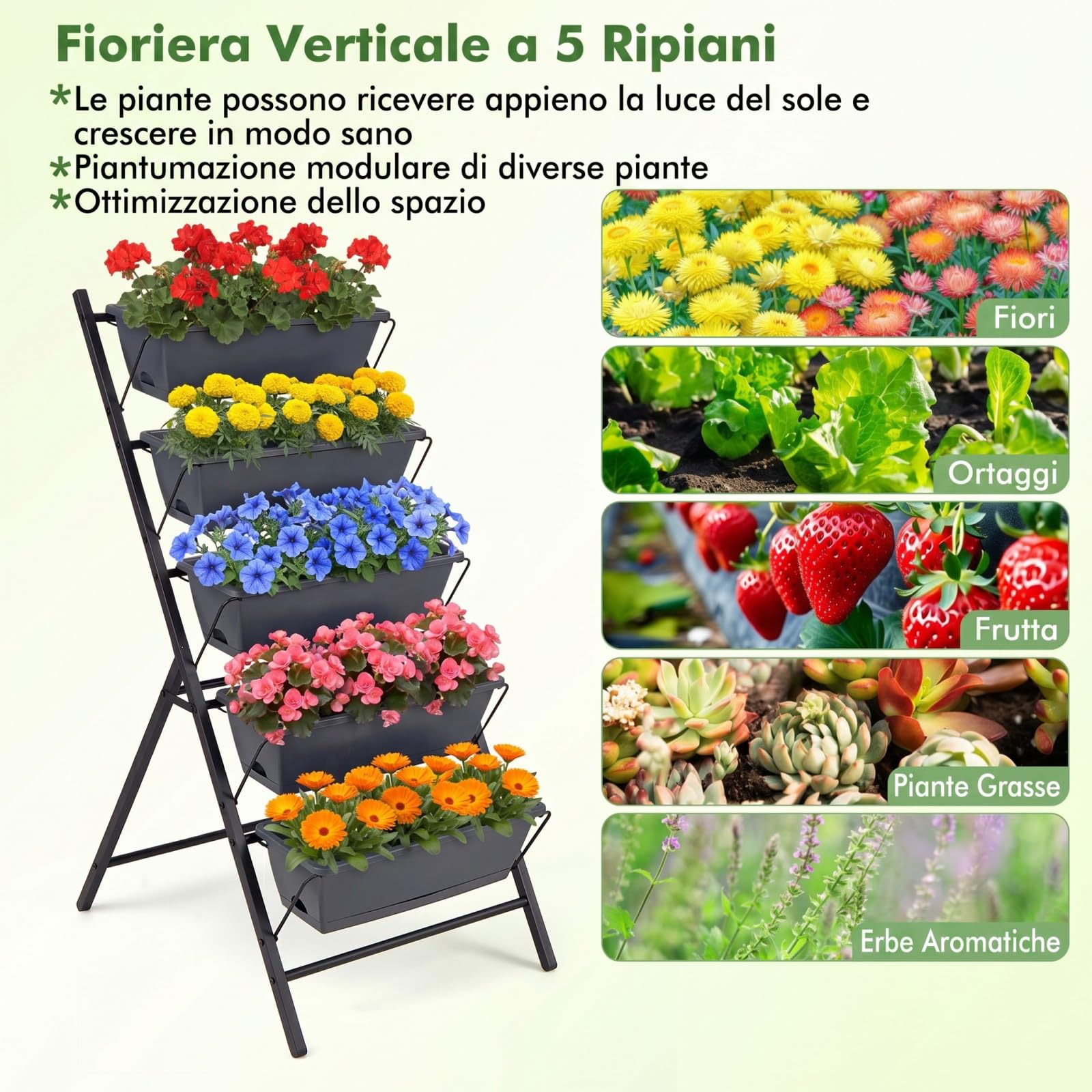 COSTWAY Fioriera Verticale a 5 Livelli, Orto Rialzato a Scaletta da Interno e Esterno, Scaffale Porta Piante Salvaspazio in Metallo con Fori di Drenaggio e 5 Sottovasi Rimovibili (Nero)