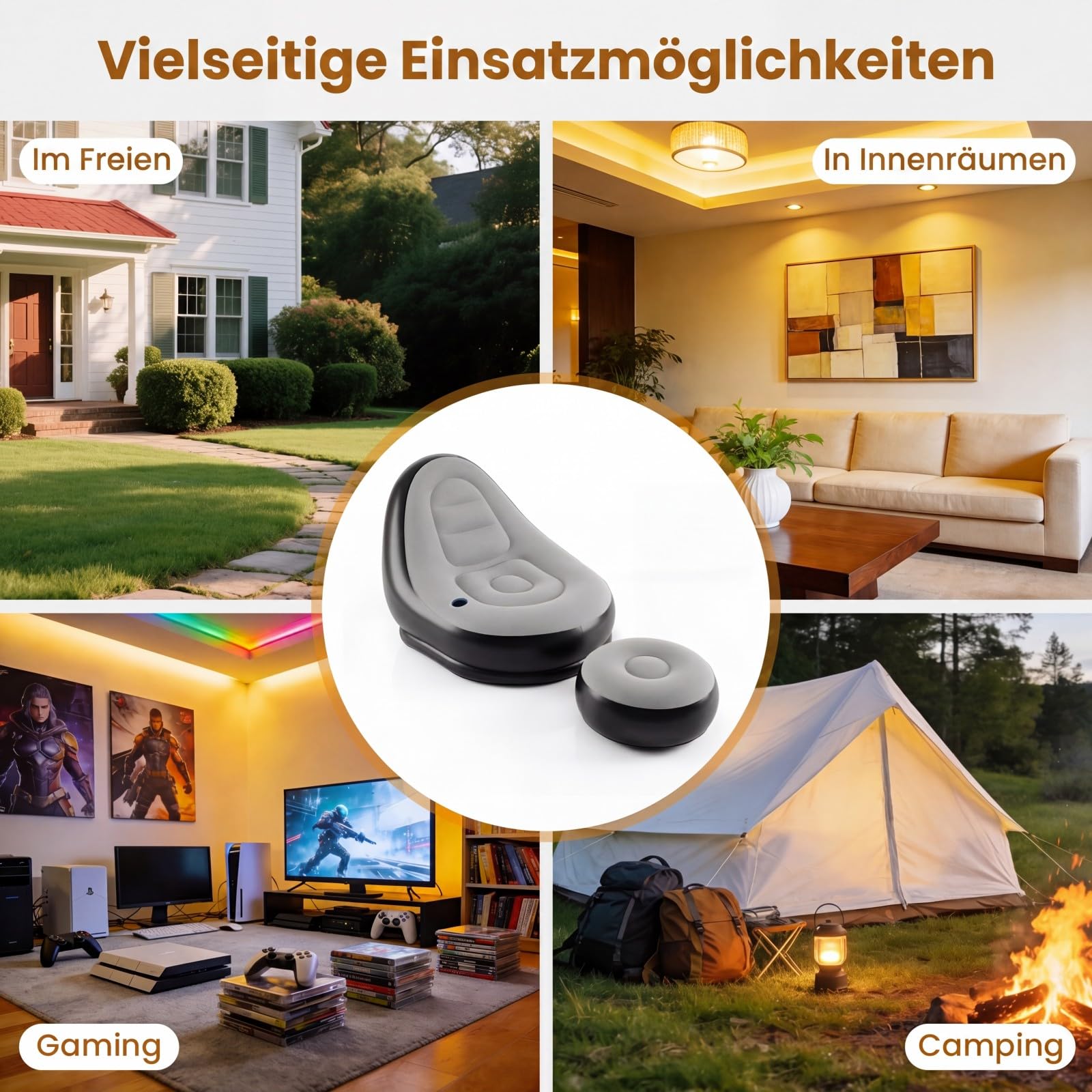 GOPLUS Aufblasbares Sofa mit Ottomane, beflocktes Luftsofa mit Getränkehalter & Reparaturflicken, tragbares Bodensofa für Innen und Außen, Sessel für Camping & Gaming