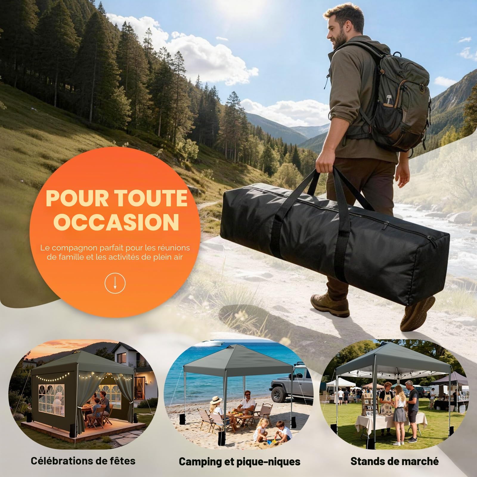Huracan tonnelle Pliante 3x3 imperméable avec parois latérales et Sacs de Sable, Stable, résistante à l'hiver, Hauteur réglable, Protection UV, Tente de réception, Pliable avec Sac de Transport