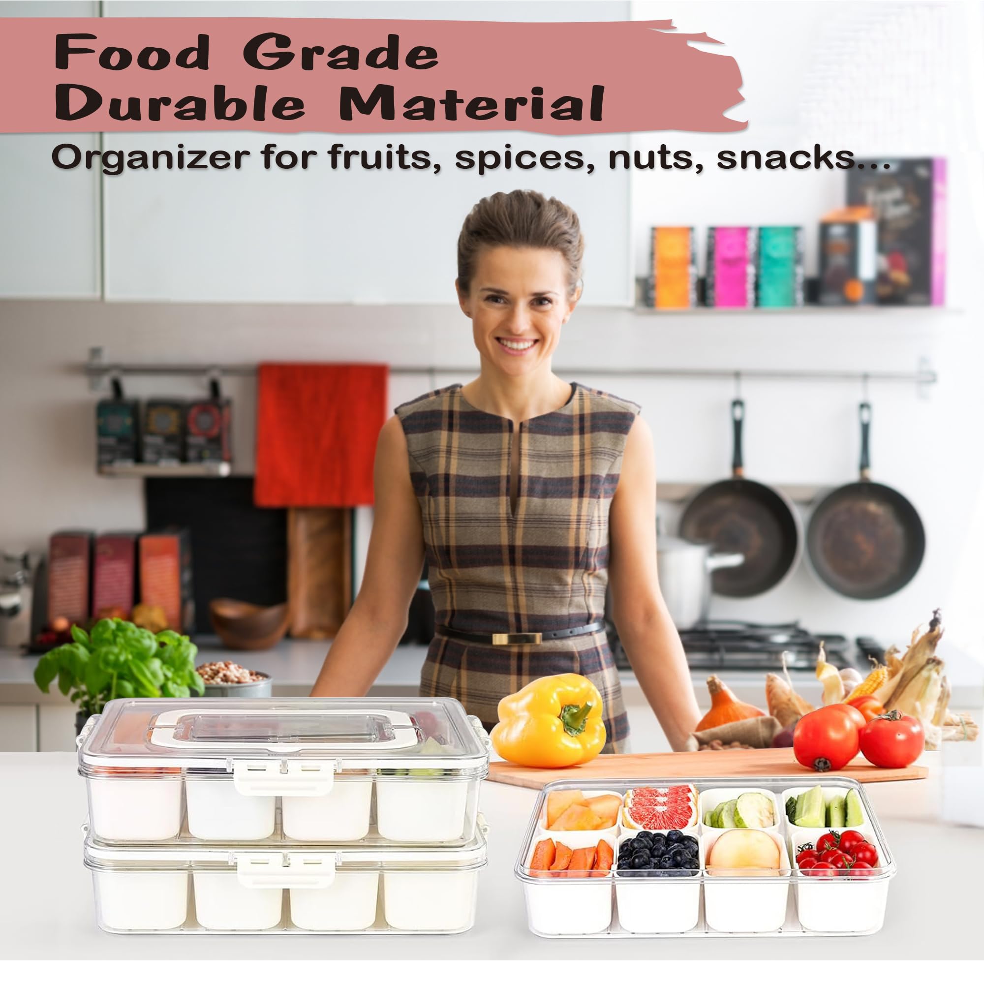 Snackbox mit 8 Fächern, Picknick Box Snackdose mit Deckel und Griff, Legen Sie verschiedene Bonbons, Nüsse, Früchte und Kekse