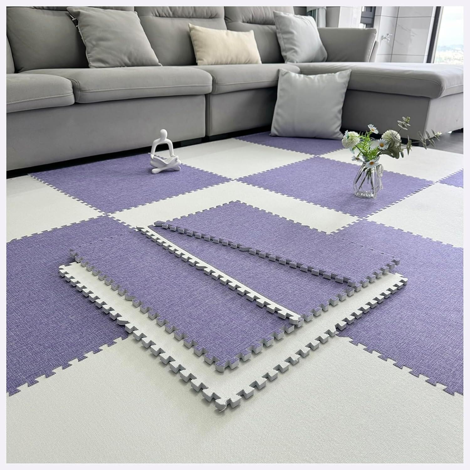 JvFbjLF Foam Interlocking Floor Mat 60cm Large Size Puzzle Area Rugs Play Mat DIY Square Carpet Soft Foam Flooring Tiles(Light Purple+White,20pcs)