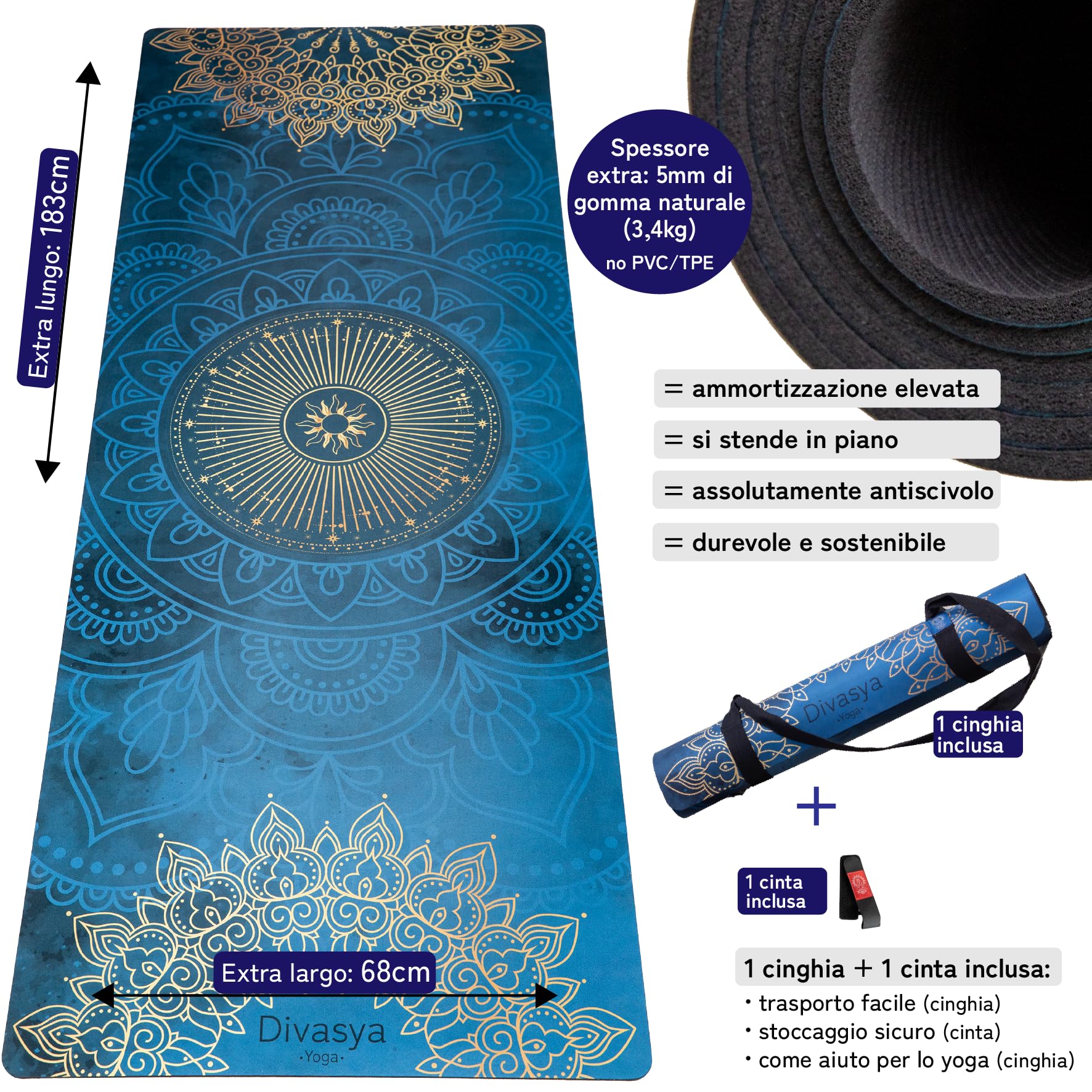 tappetino yoga: antiscivolo, in gomma naturale e morbida microfibra antiscivolo,largo e spesso (183x68x0,5cm) con cinghia di trasporto, tappetino per pilates